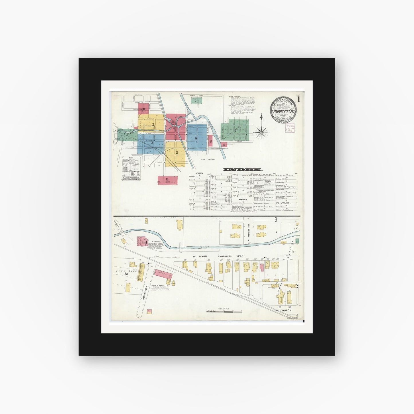 Old map wall art mockup — black gallery frame with white mat — Sanborn Fire Insurance Map from Cambridge City, Wayne County, Indiana (1908), Sheet #0001