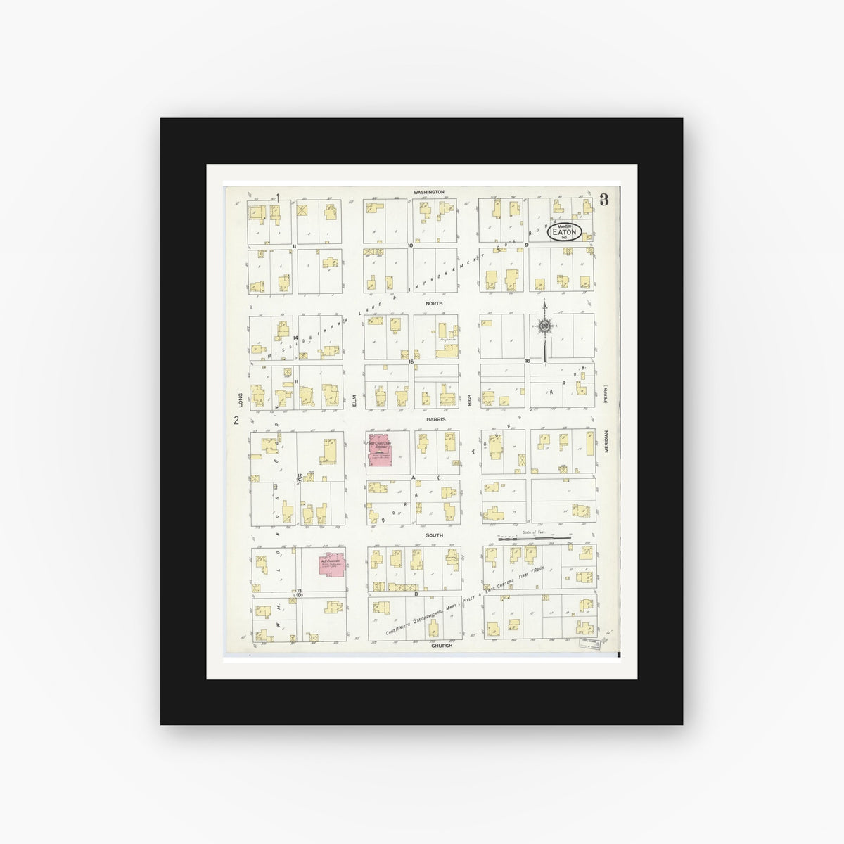Old map wall art mockup — black gallery frame with white mat — Sanborn Fire Insurance Map from Eaton, Delaware County, Indiana (1910), Sheet #0003