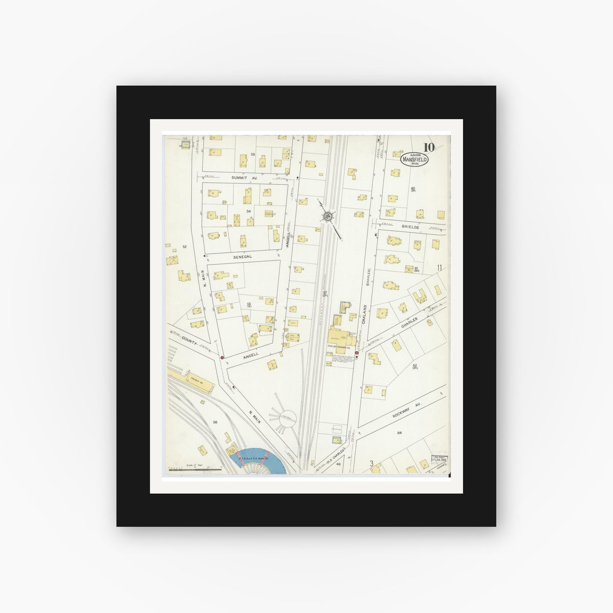 Old map wall art mockup — black gallery frame with white mat — Sanborn Fire Insurance Map from Mansfield, Bristol County, Massachusetts (1916), Sheet #0010