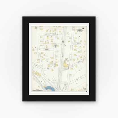 Old map wall art mockup — black gallery frame with white mat — Sanborn Fire Insurance Map from Mansfield, Bristol County, Massachusetts (1916), Sheet #0010