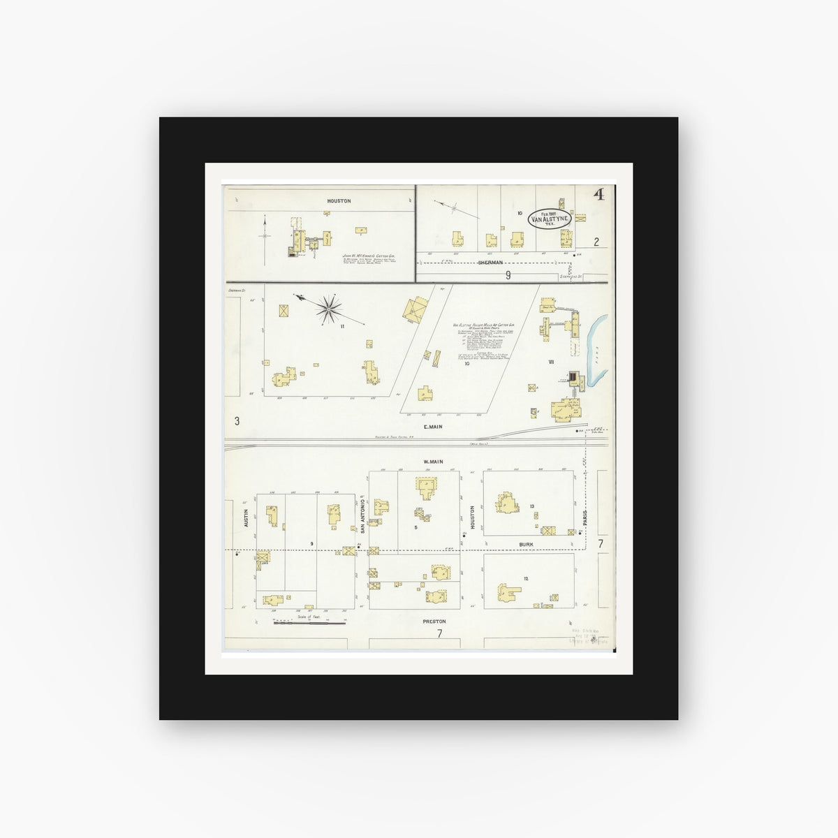 Old map wall art mockup — black gallery frame with white mat — Sanborn Fire Insurance Map from Van Alstyne, Grayson County, Texas (1907), Sheet #0004