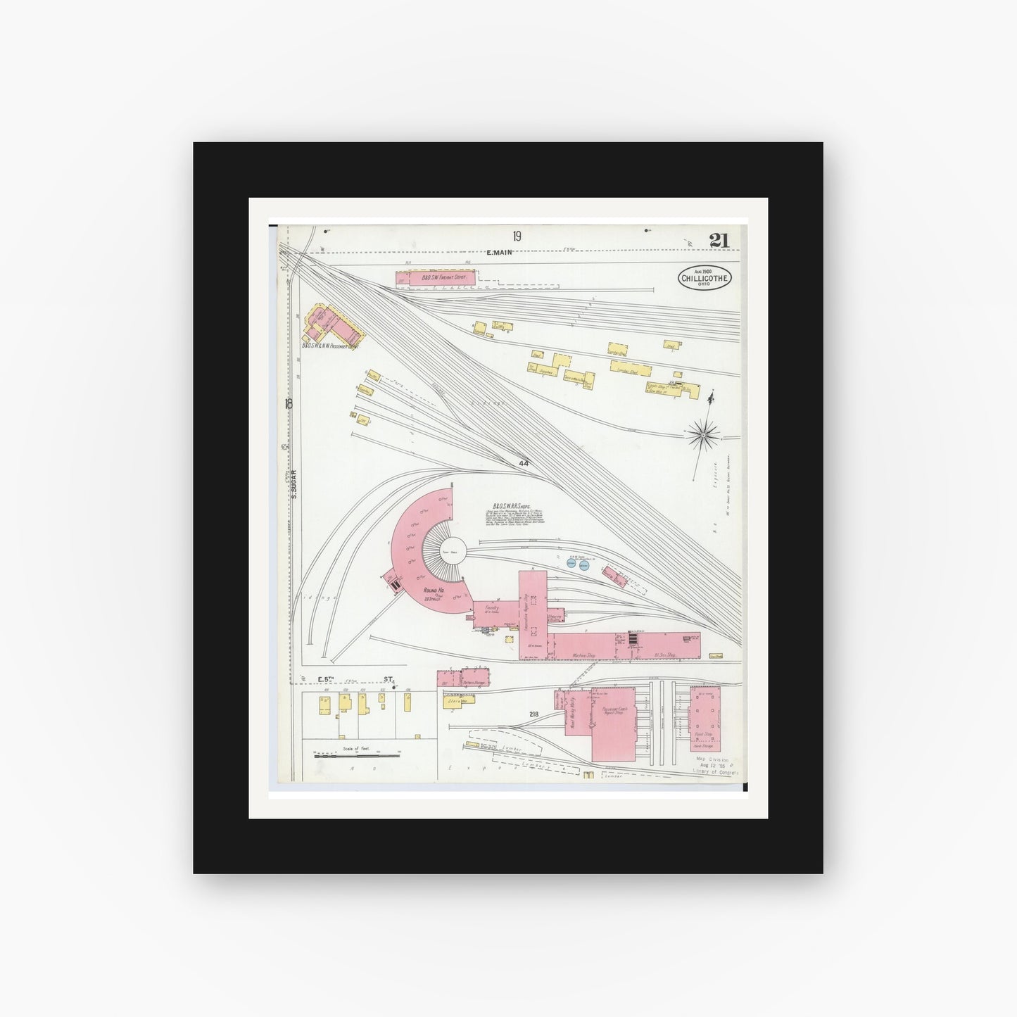 Old map wall art mockup — black gallery frame with white mat — Sanborn Fire Insurance Map from Chillicothe, Ross County, Ohio (1900), Sheet #0021
