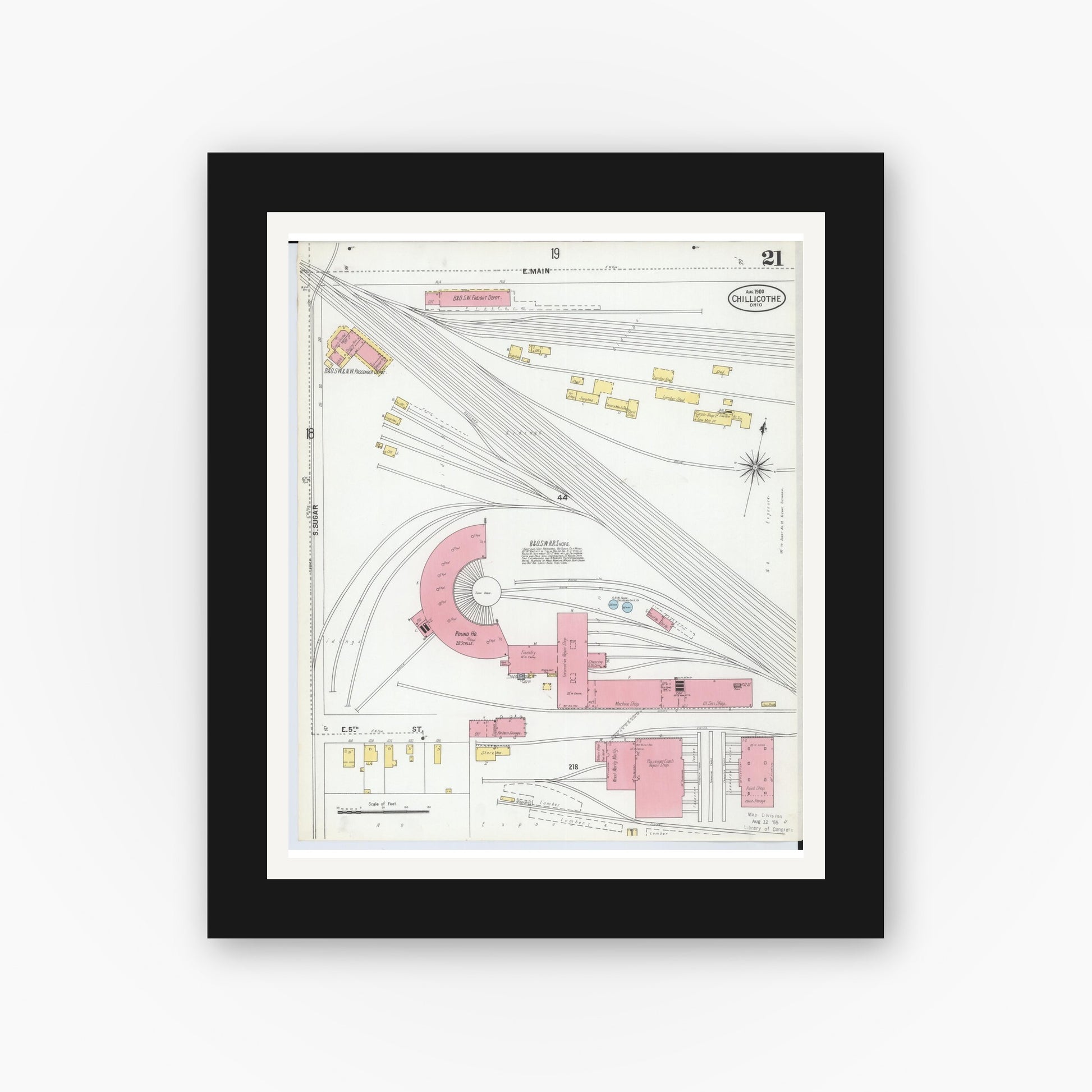 Old map wall art mockup — black gallery frame with white mat — Sanborn Fire Insurance Map from Chillicothe, Ross County, Ohio (1900), Sheet #0021