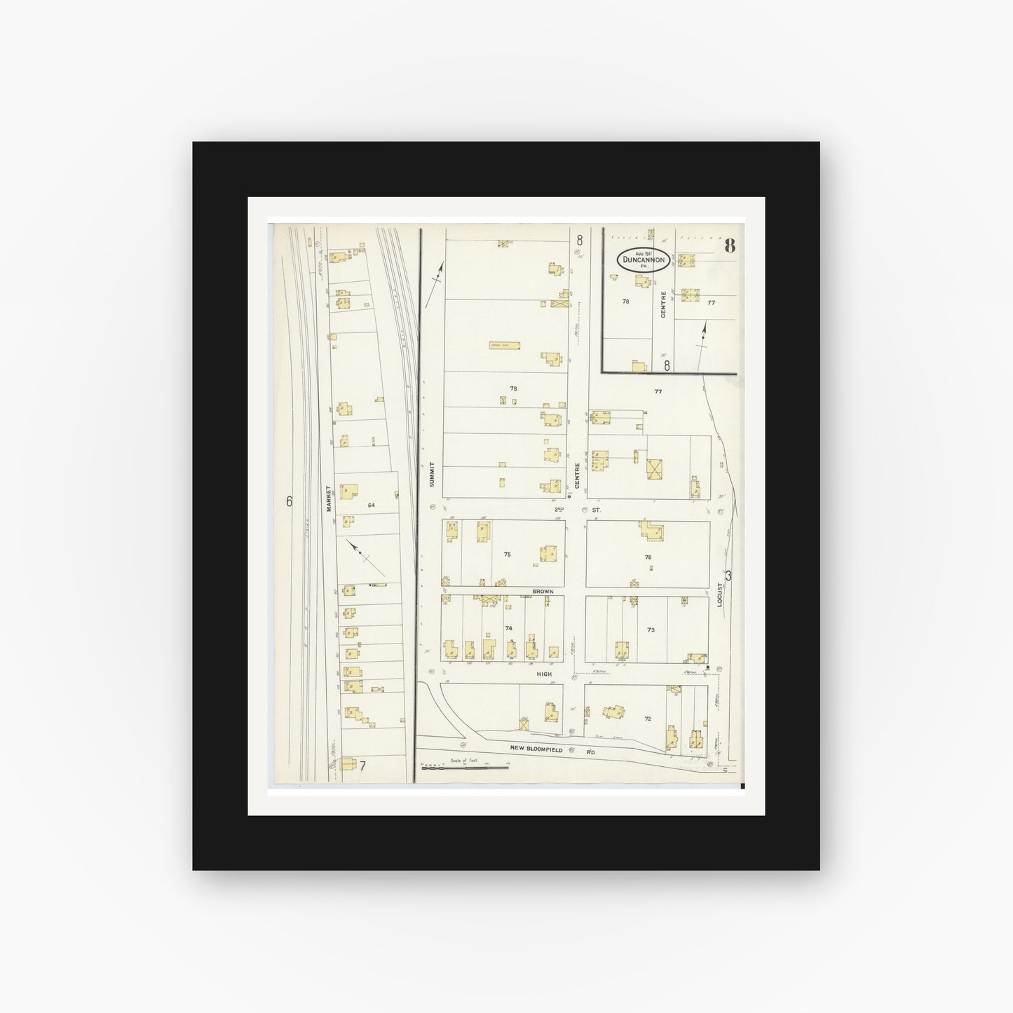 Old map wall art mockup — black gallery frame with white mat — Sanborn Fire Insurance Map from Duncannon, Perry County, Pennsylvania (1911), Sheet #0008