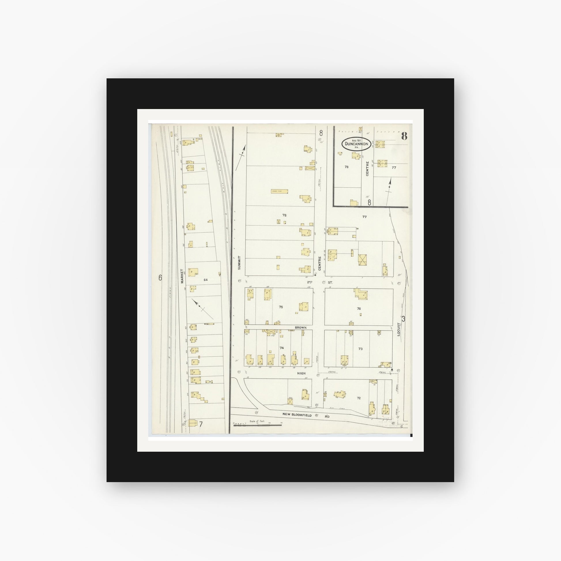 Old map wall art mockup — black gallery frame with white mat — Sanborn Fire Insurance Map from Duncannon, Perry County, Pennsylvania (1911), Sheet #0008