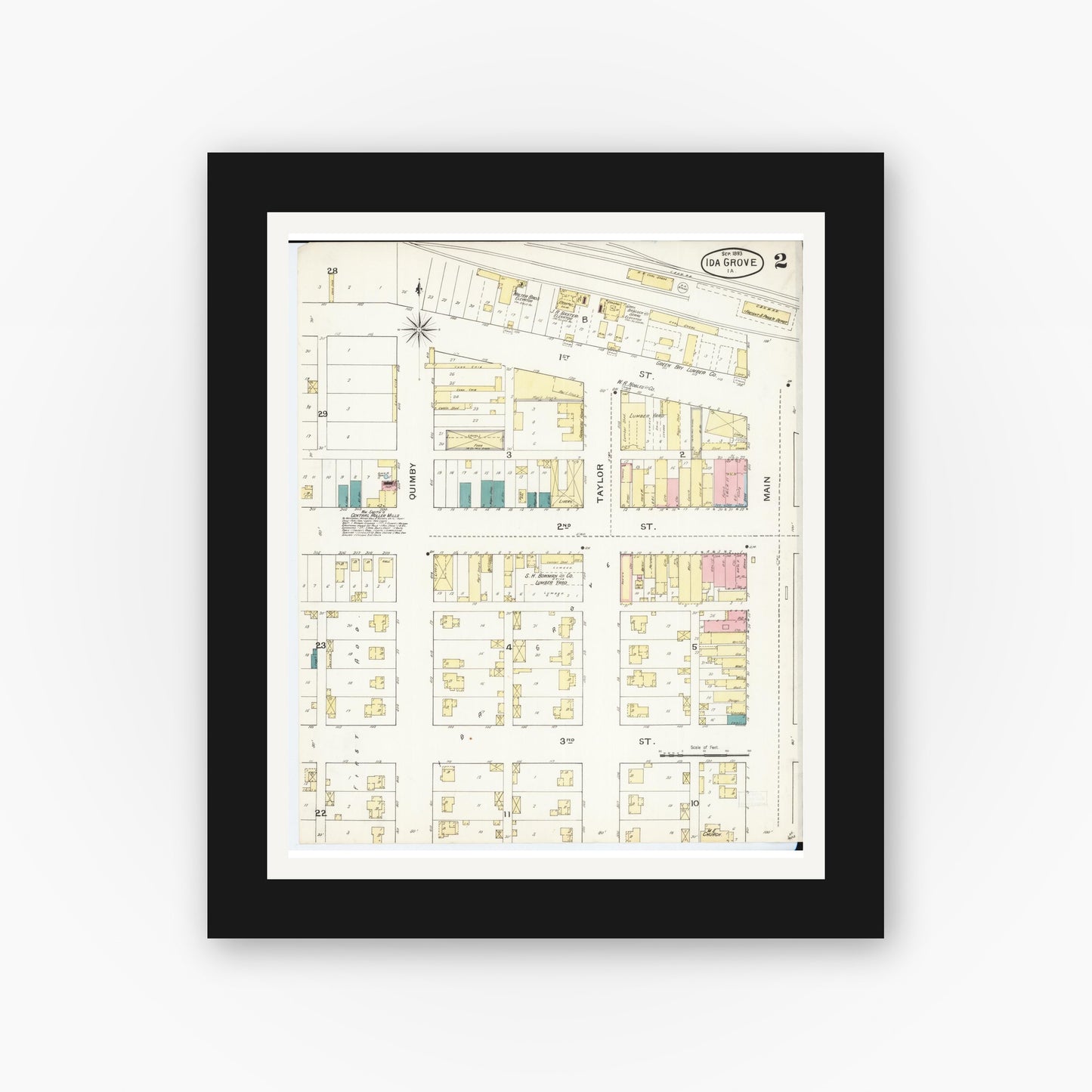 Old map wall art mockup — black gallery frame with white mat — Sanborn Fire Insurance Map from Ida Grove, Ida County, Iowa (1893), Sheet #0002