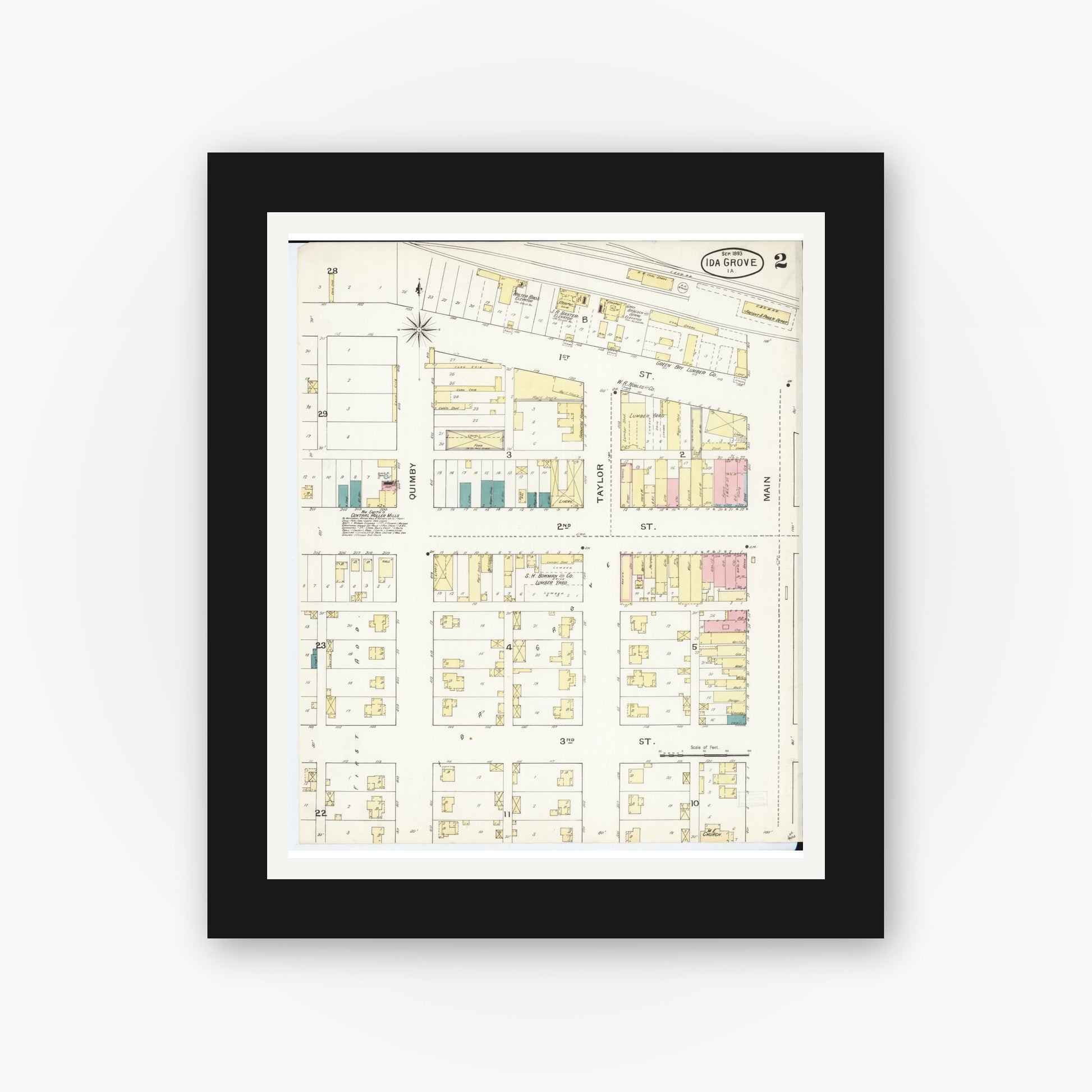 Old map wall art mockup — black gallery frame with white mat — Sanborn Fire Insurance Map from Ida Grove, Ida County, Iowa (1893), Sheet #0002