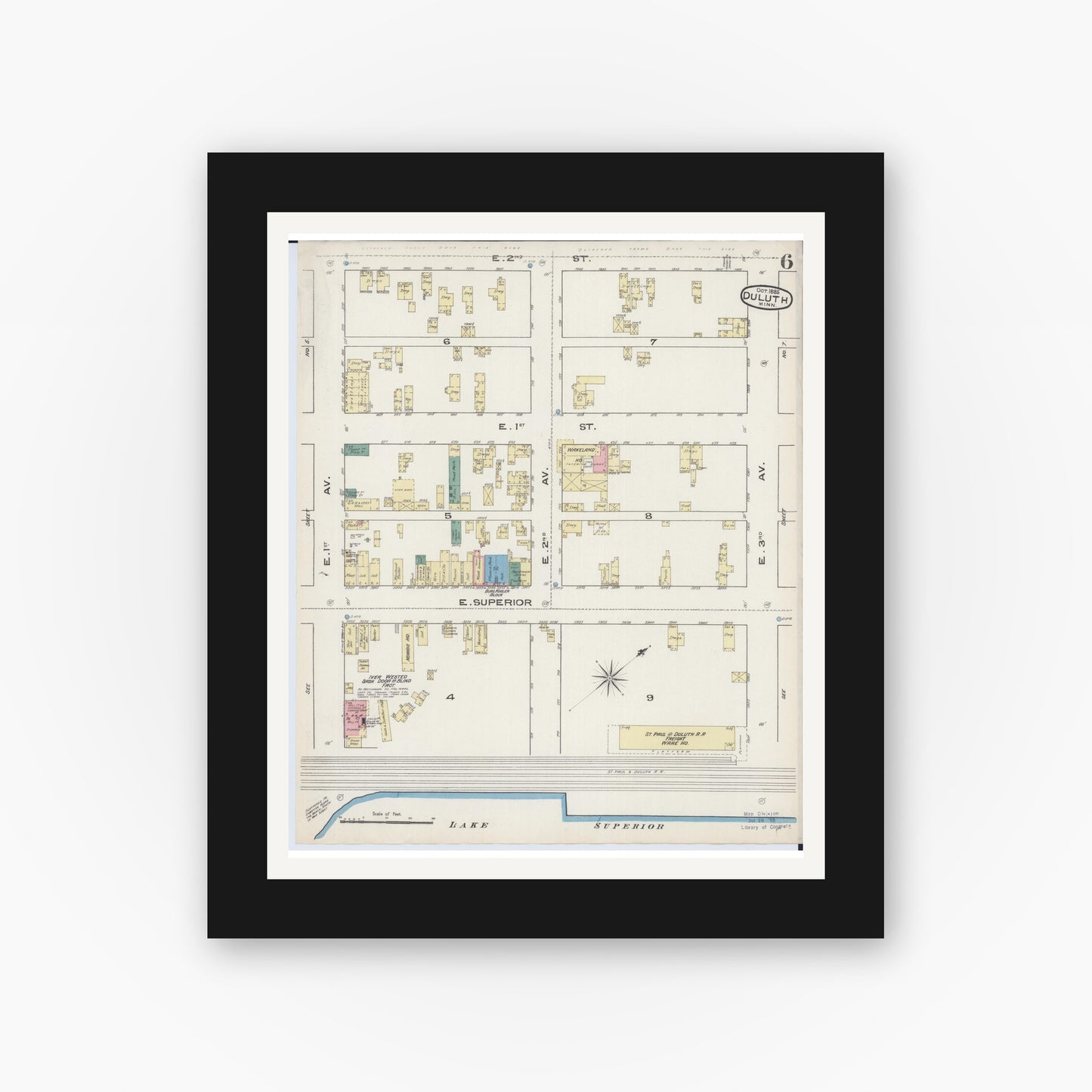Old map wall art mockup — black gallery frame with white mat — Sanborn Fire Insurance Map from Duluth, Saint Louis County, Minnesota (1885), Sheet #0006