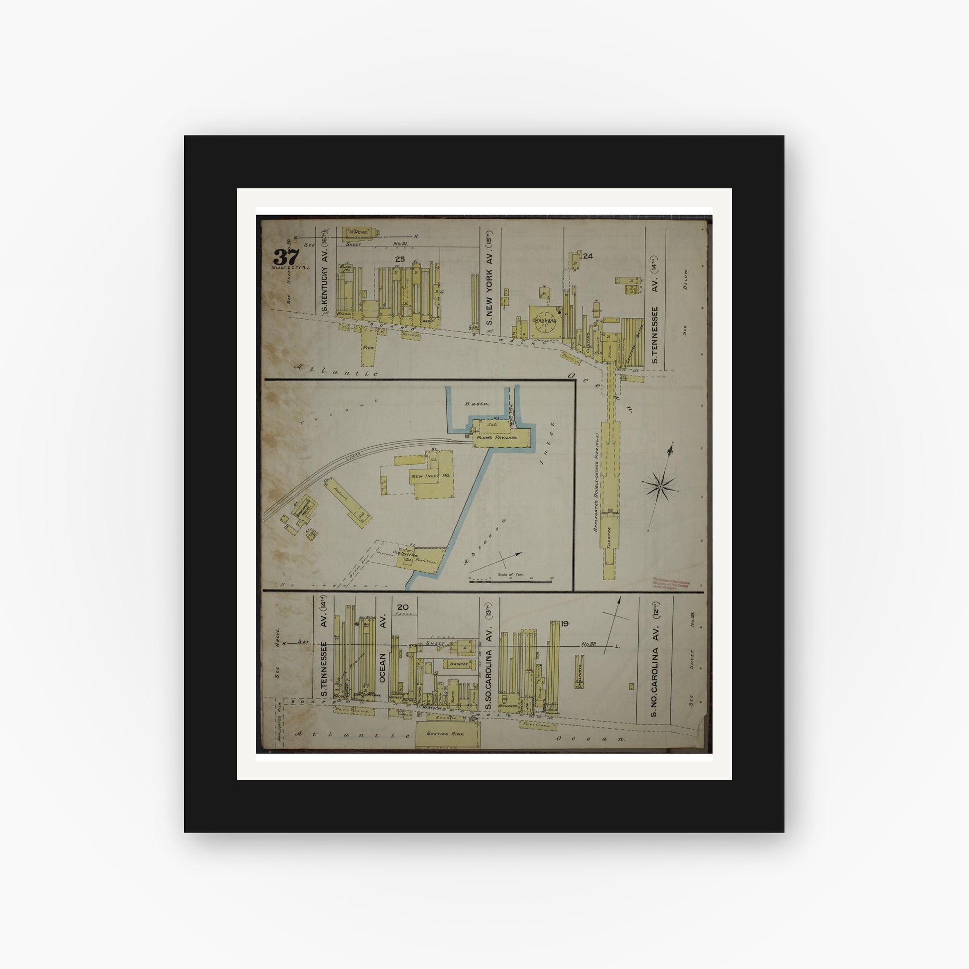 Old map wall art mockup — black gallery frame with white mat — Sanborn Fire Insurance Map from Atlantic City, Atlantic County, New Jersey (1886), Sheet #0037