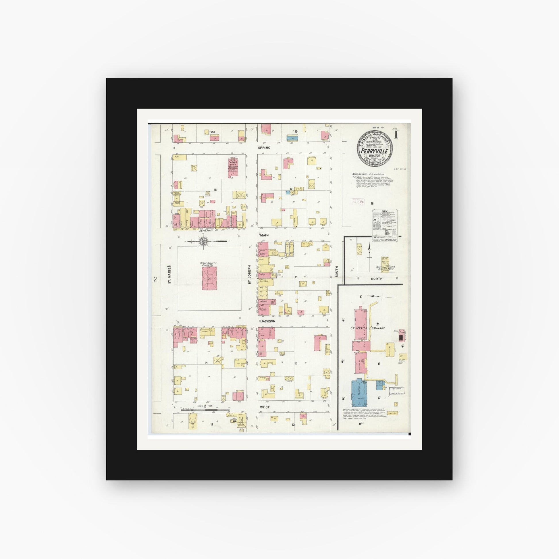 Old map wall art mockup — black gallery frame with white mat — Sanborn Fire Insurance Map from Perryville, Perry County, Missouri (1911), Sheet #0001