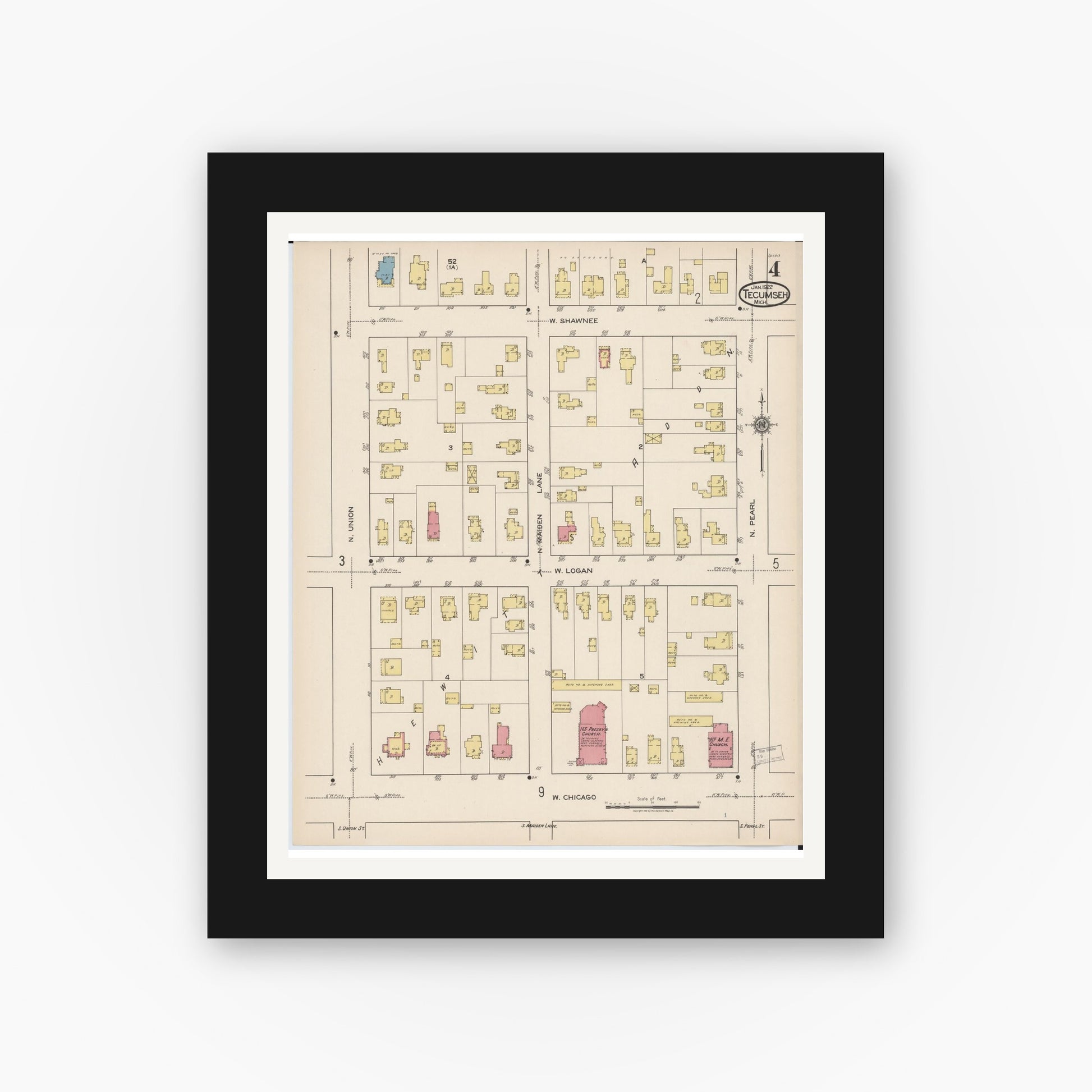 Old map wall art mockup — black gallery frame with white mat — Sanborn Fire Insurance Map from Tecumseh, Lenawee County, Michigan (1922), Sheet #0004