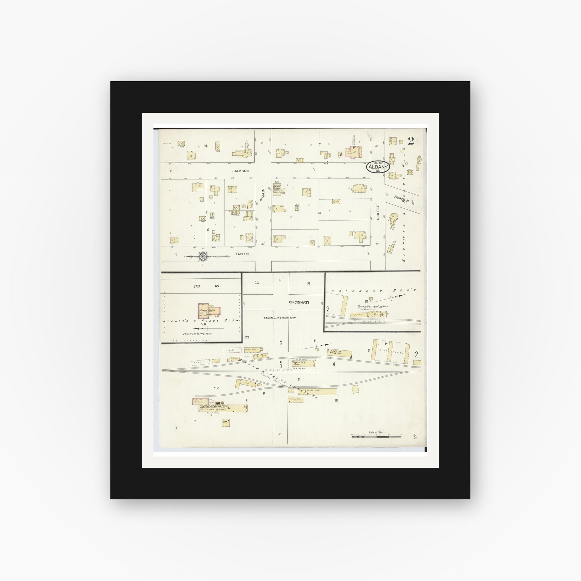 Old map wall art mockup — black gallery frame with white mat — Sanborn Fire Insurance Map from Albany, Green County, Wisconsin (1912), Sheet #0002
