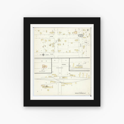 Old map wall art mockup — black gallery frame with white mat — Sanborn Fire Insurance Map from Albany, Green County, Wisconsin (1912), Sheet #0002