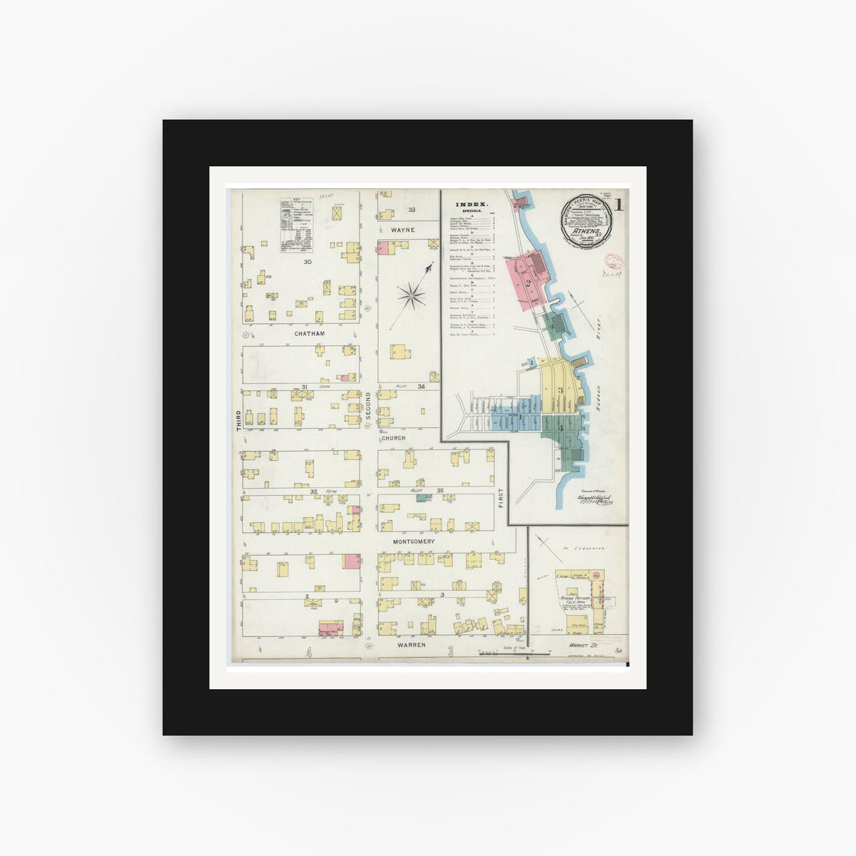 Old map wall art mockup — black gallery frame with white mat — Sanborn Fire Insurance Map from Athens, Greene County, New York (1895), Sheet #0001