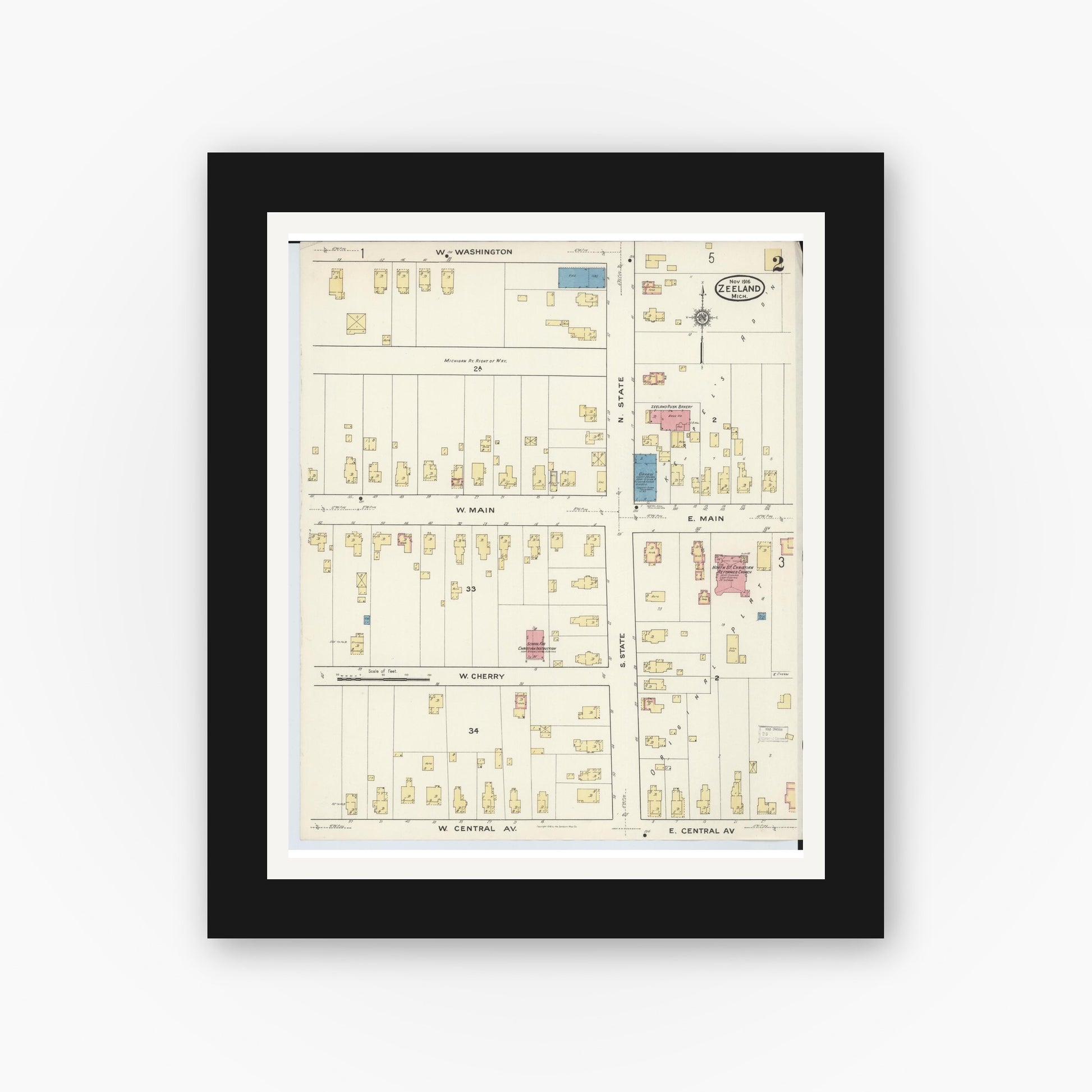 Old map wall art mockup — black gallery frame with white mat — Sanborn Fire Insurance Map from Zeeland, Ottawa County, Michigan (1916), Sheet #0002