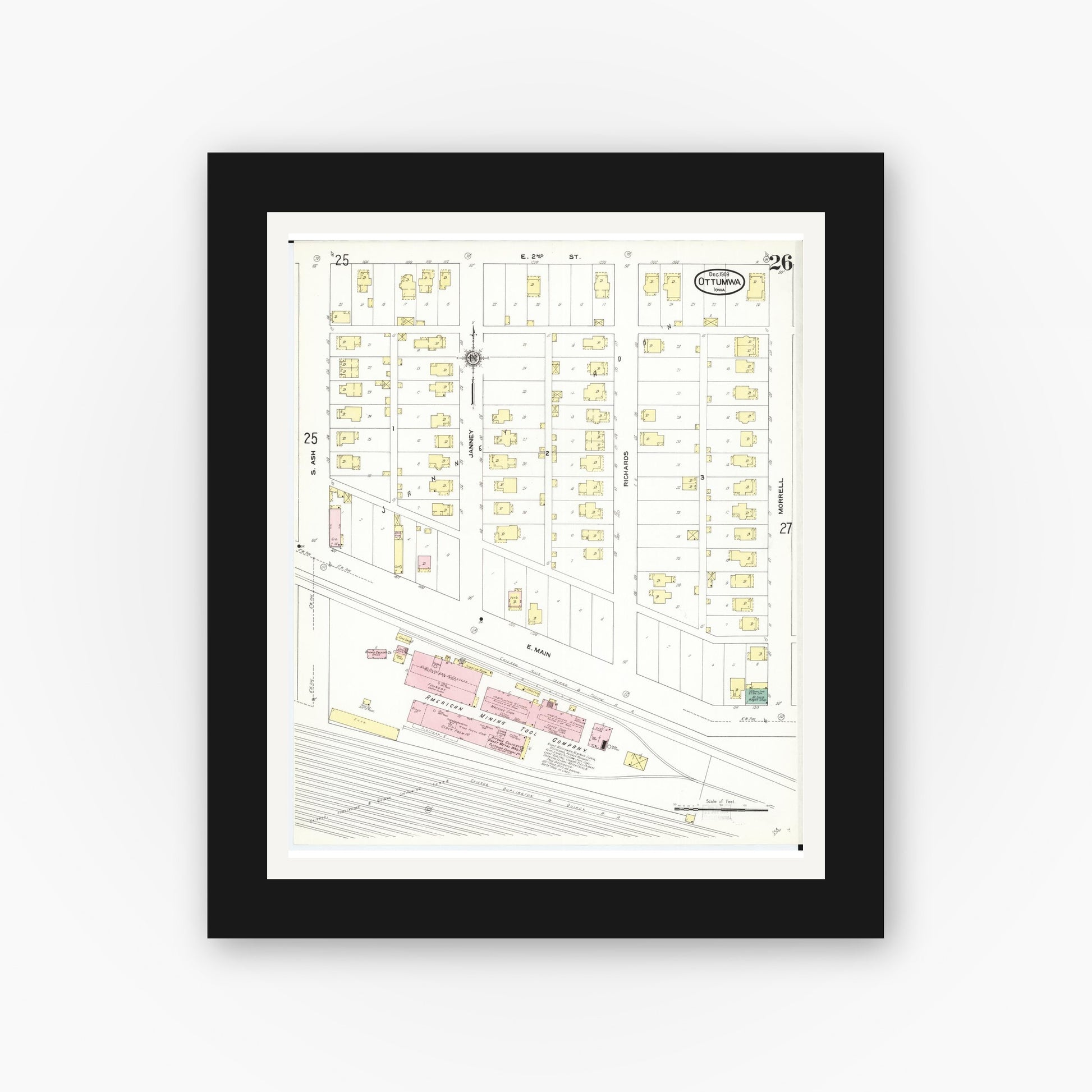 Old map wall art mockup — black gallery frame with white mat — Sanborn Fire Insurance Map from Ottumwa, Wapello County, Iowa (1909), Sheet #0026