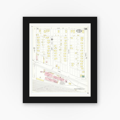 Old map wall art mockup — black gallery frame with white mat — Sanborn Fire Insurance Map from Ottumwa, Wapello County, Iowa (1909), Sheet #0026