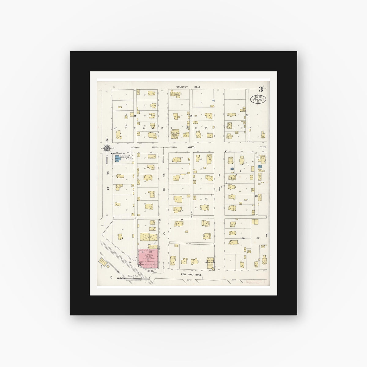 Old map wall art mockup — black gallery frame with white mat — Sanborn Fire Insurance Map from Walnut, Bureau County, Illinois (1921), Sheet #0003