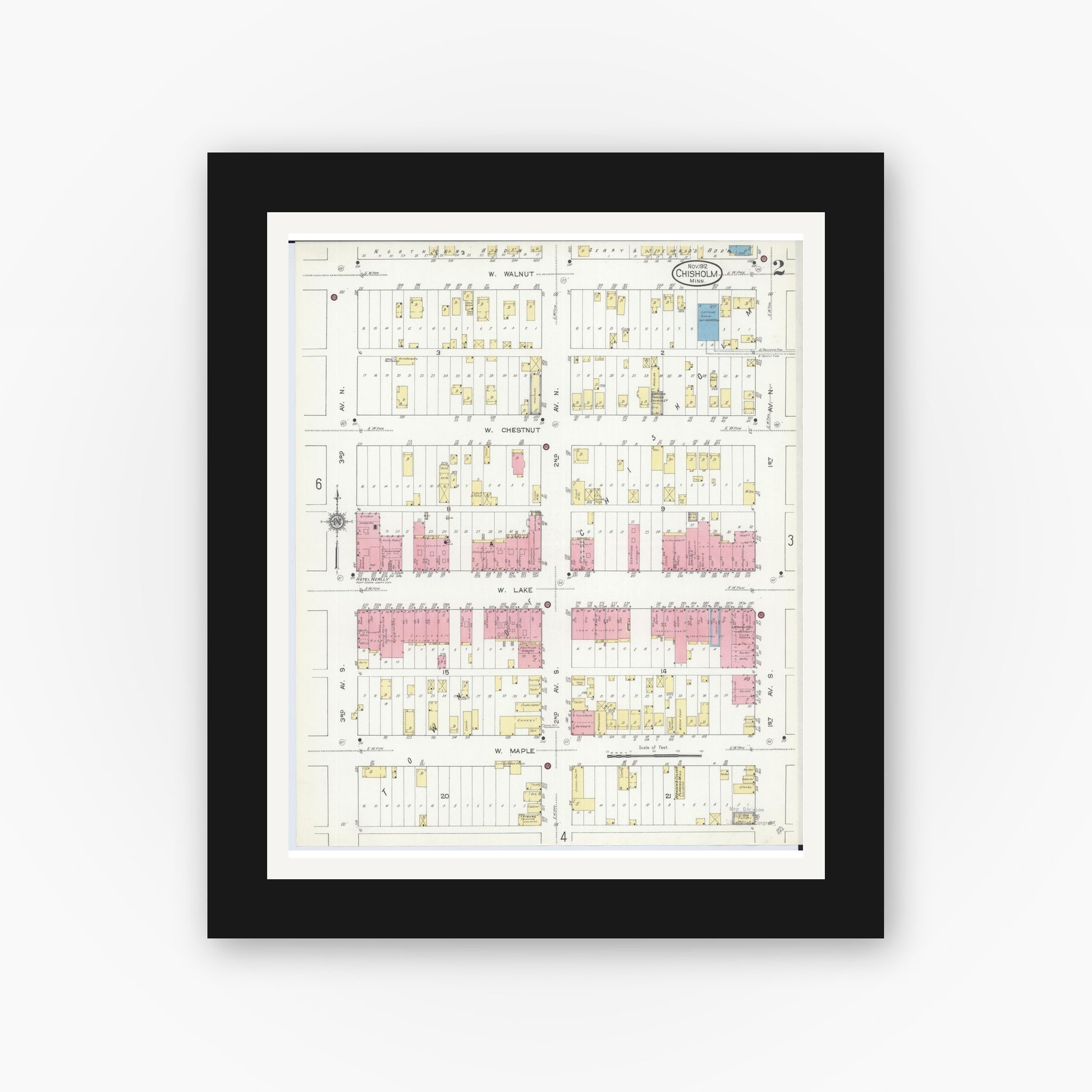Old map wall art mockup — black gallery frame with white mat — Sanborn Fire Insurance Map from Chisholm, Saint Louis County, Minnesota (1912), Sheet #0002