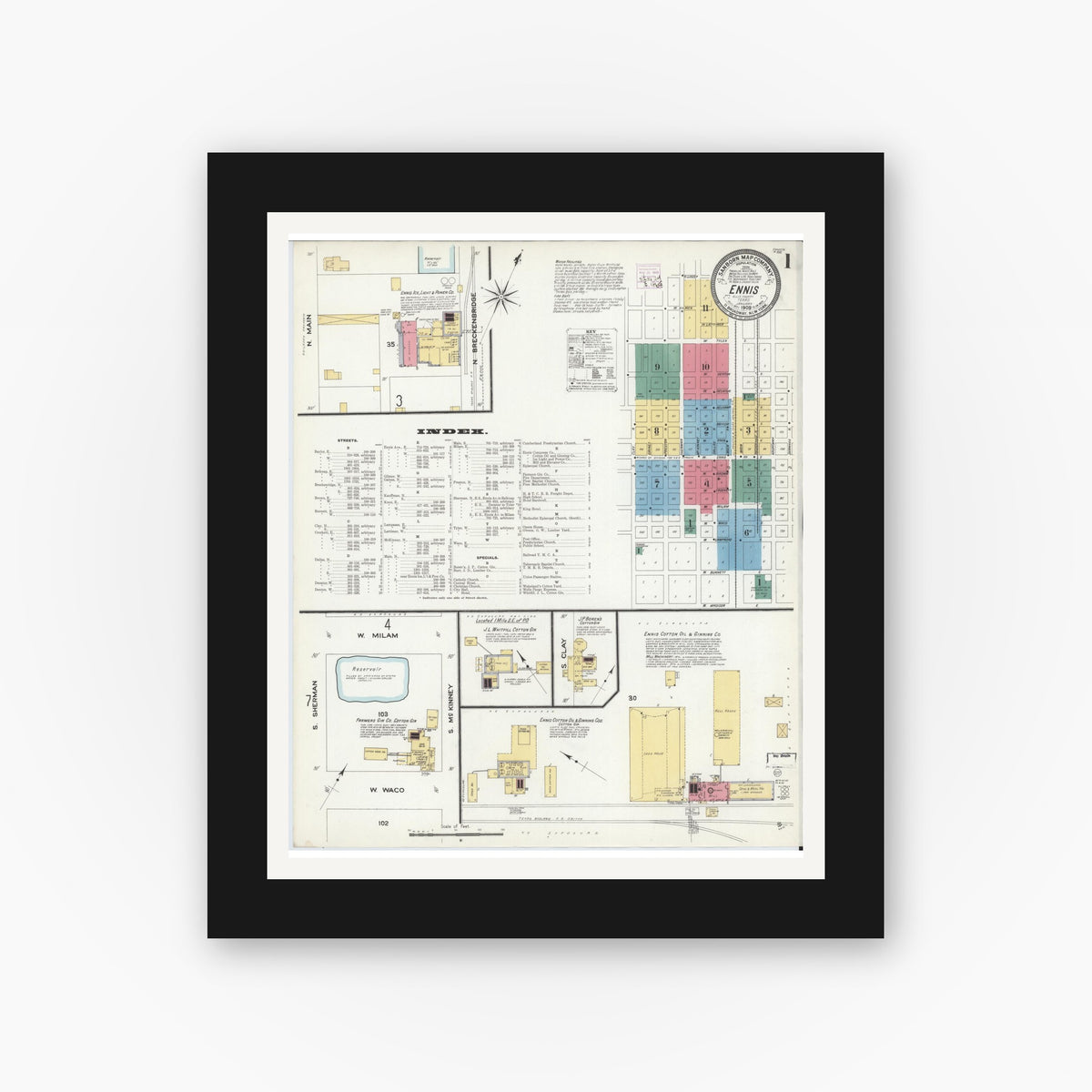 Old map wall art mockup — black gallery frame with white mat — Sanborn Fire Insurance Map from Ennis, Ellis County, Texas (1909) - Complete Map Set