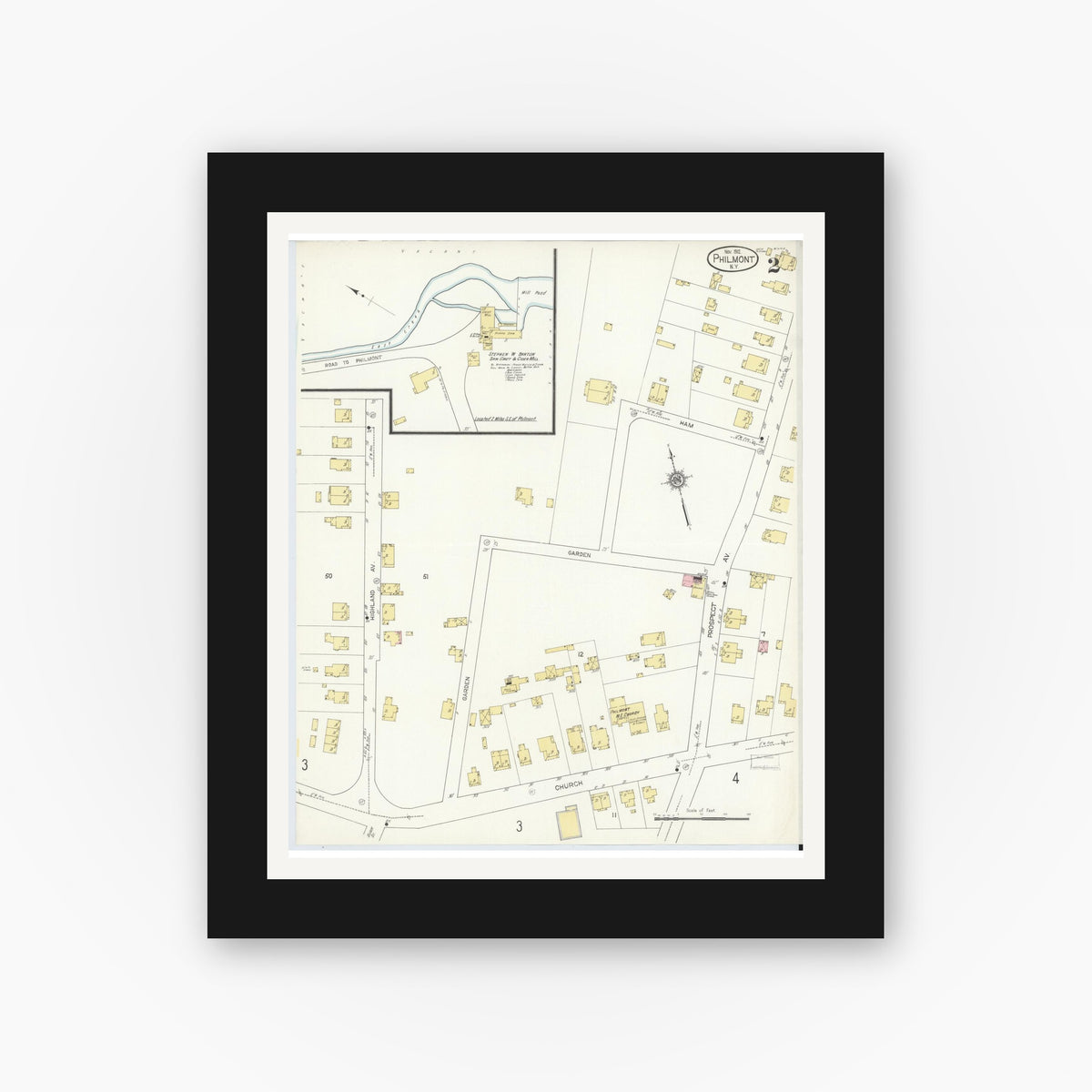 Old map wall art mockup — black gallery frame with white mat — Sanborn Fire Insurance Map from Philmont, Columbia County, New York (1912), Sheet #0002