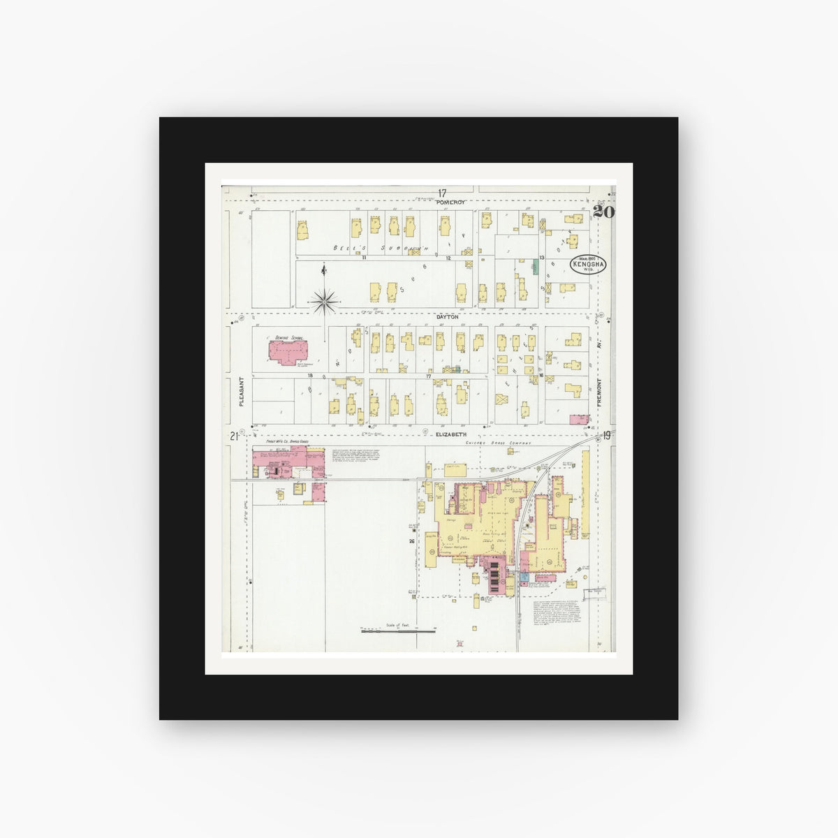 Old map wall art mockup — black gallery frame with white mat — Sanborn Fire Insurance Map from Kenosha, Kenosha County, Wisconsin (1905), Sheet #0020