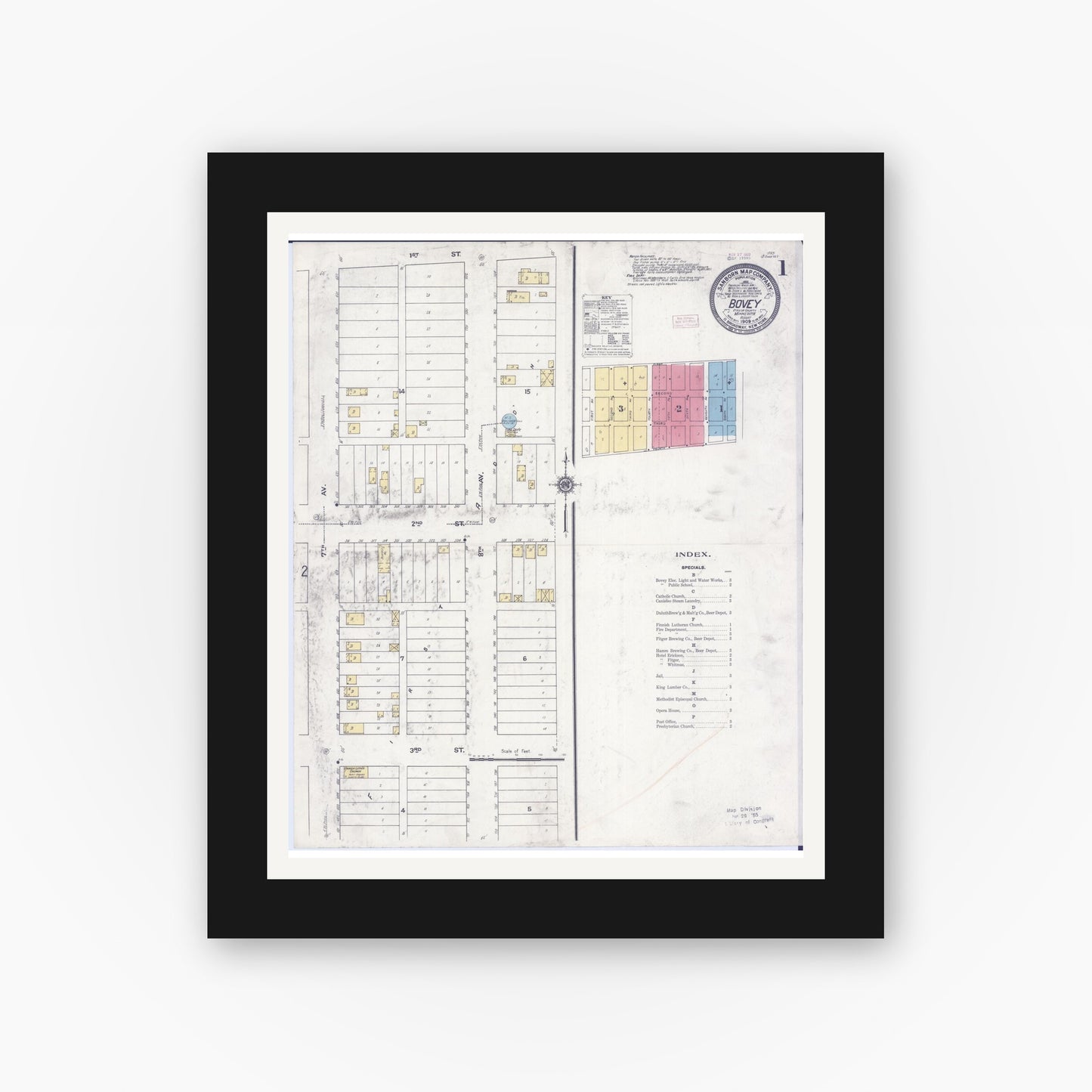 Old map wall art mockup — black gallery frame with white mat — Sanborn Fire Insurance Map from Bovey, Itasca County, Minnesota (1909), Sheet #0001