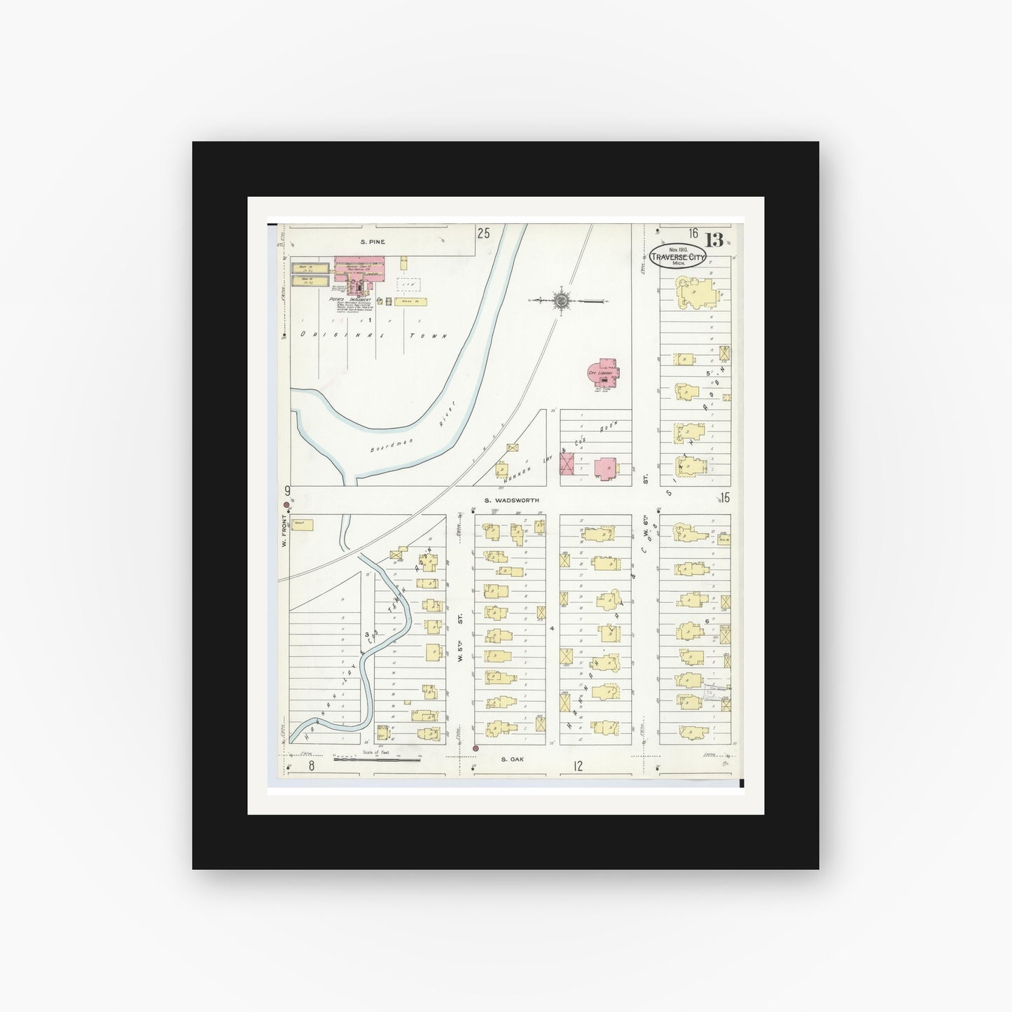 Old map wall art mockup — black gallery frame with white mat — Sanborn Fire Insurance Map from Traverse City, Grand Traverse County, Michigan (1910), Sheet #0013