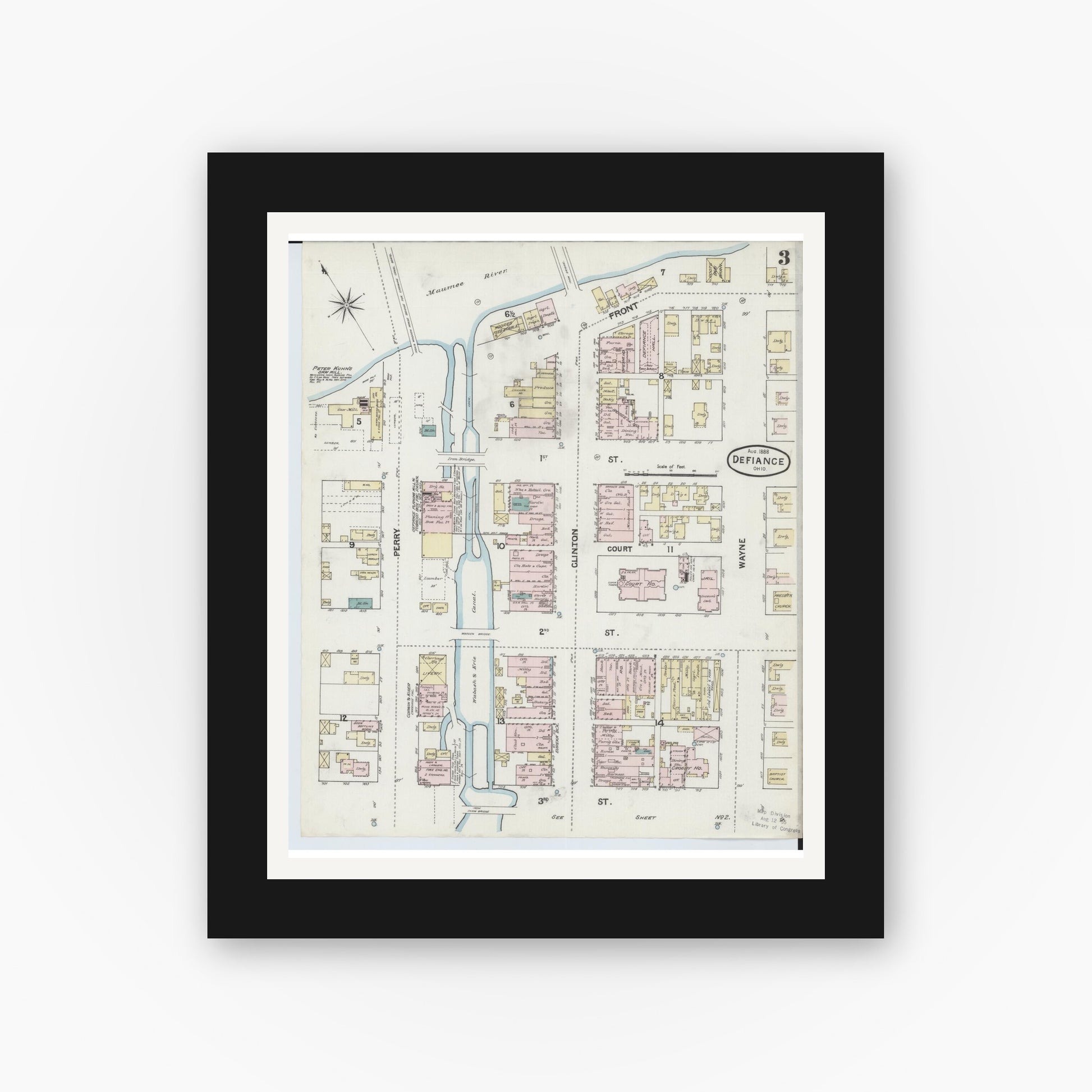 Old map wall art mockup — black gallery frame with white mat — Sanborn Fire Insurance Map from Defiance, Defiance County, Ohio (1888), Sheet #0003
