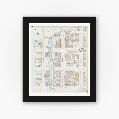 Old map wall art mockup — black gallery frame with white mat — Sanborn Fire Insurance Map from Defiance, Defiance County, Ohio (1888), Sheet #0003