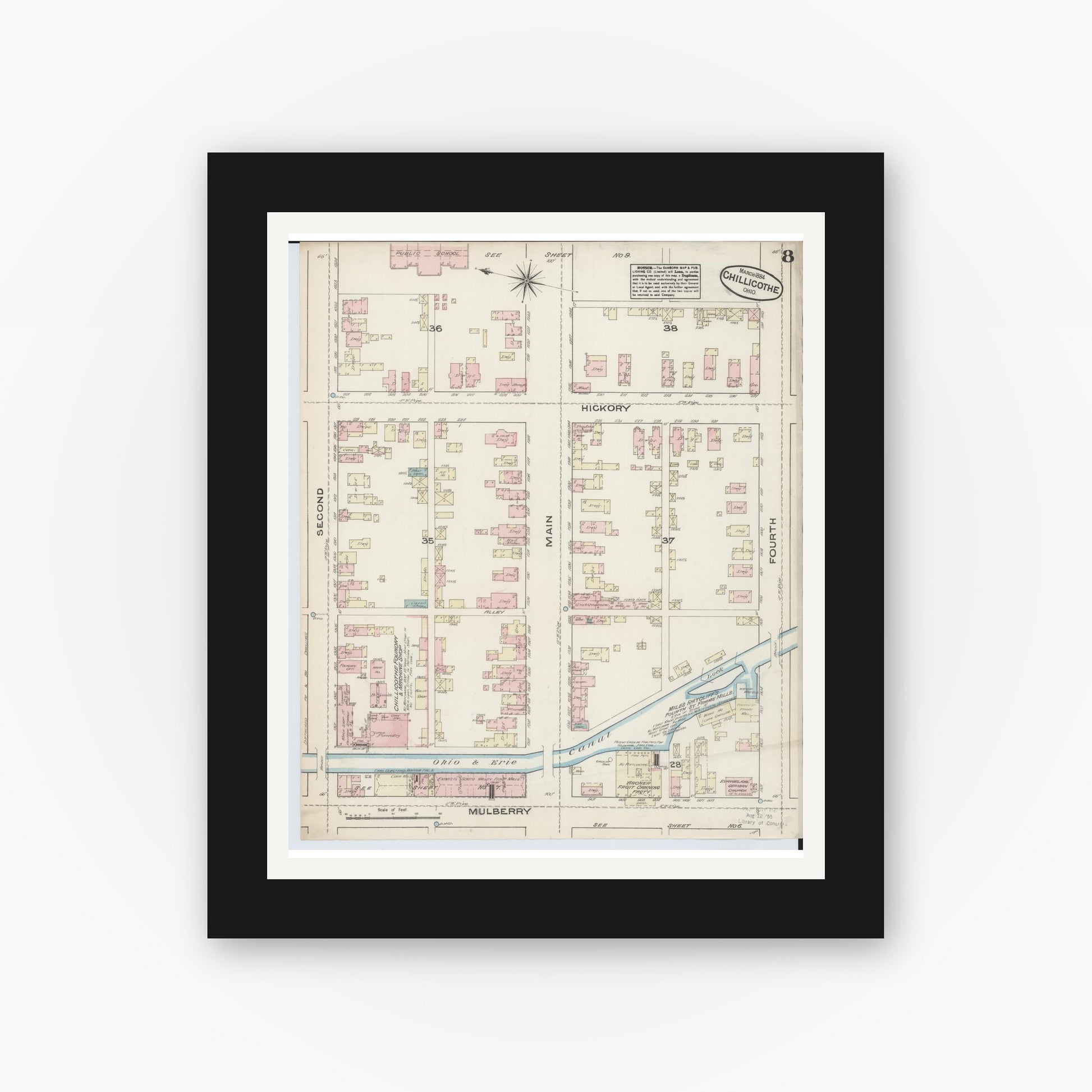 Old map wall art mockup — black gallery frame with white mat — Sanborn Fire Insurance Map from Chillicothe, Ross County, Ohio (1884), Sheet #0008