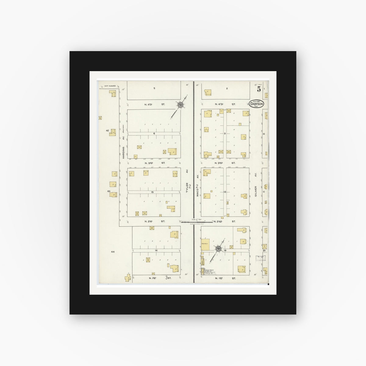 Old map wall art mockup — black gallery frame with white mat — Sanborn Fire Insurance Map from Dawson, Navarro County, Texas (1921), Sheet #0005