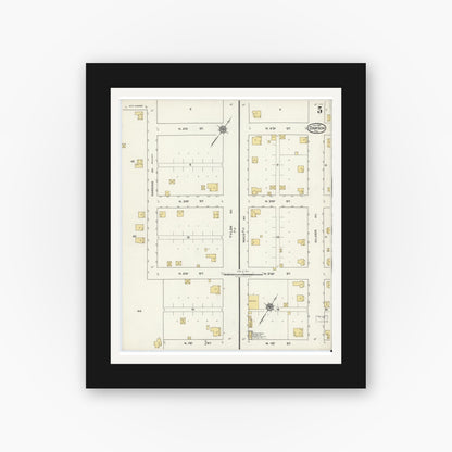 Old map wall art mockup — black gallery frame with white mat — Sanborn Fire Insurance Map from Dawson, Navarro County, Texas (1921), Sheet #0005
