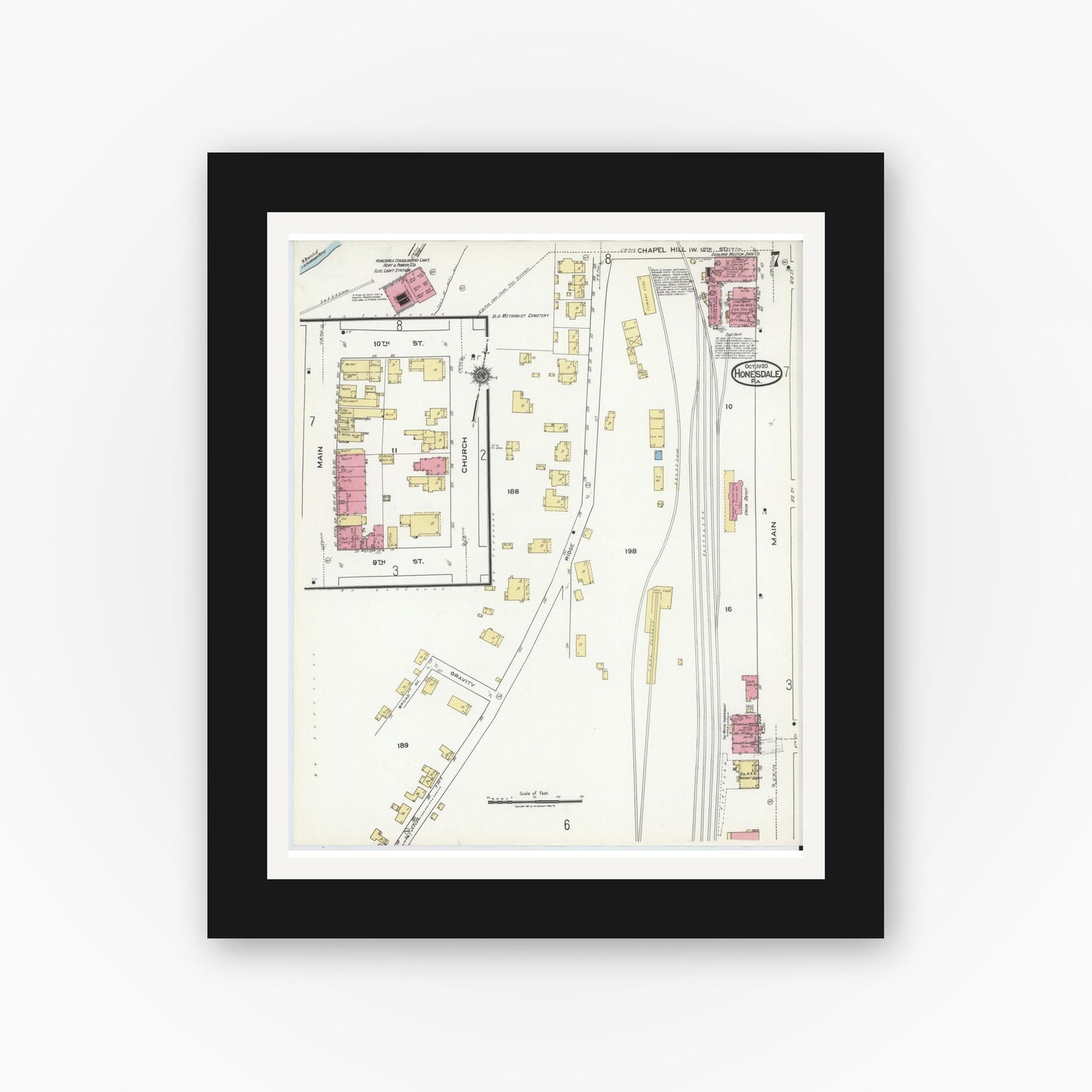 Old map wall art mockup — black gallery frame with white mat — Sanborn Fire Insurance Map from Honesdale, Wayne County, Pennsylvania (1920), Sheet #0007