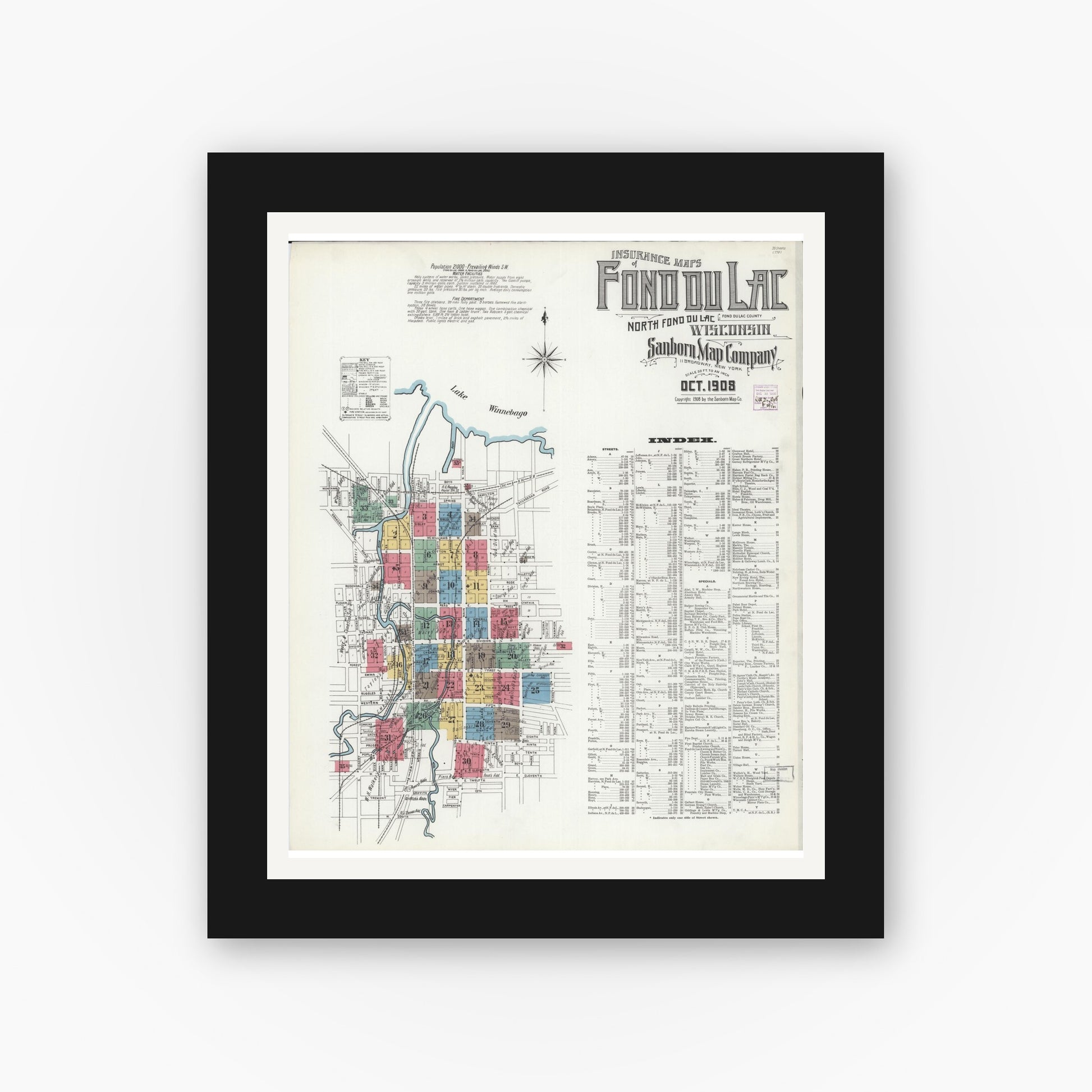 Old map wall art mockup — black gallery frame with white mat — Sanborn Fire Insurance Map from Fond du Lac, Fond du Lac County, Wisconsin (1908), Sheet #0001