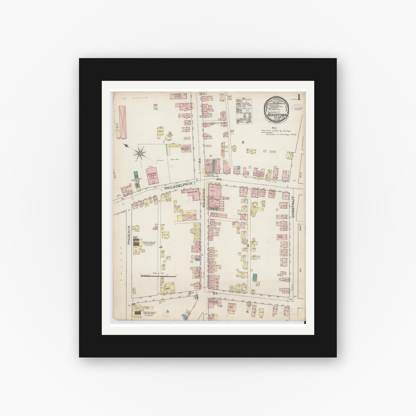 Old map wall art mockup — black gallery frame with white mat — Sanborn Fire Insurance Map from Boyertown, Berks County, Pennsylvania (1886), Sheet #0001