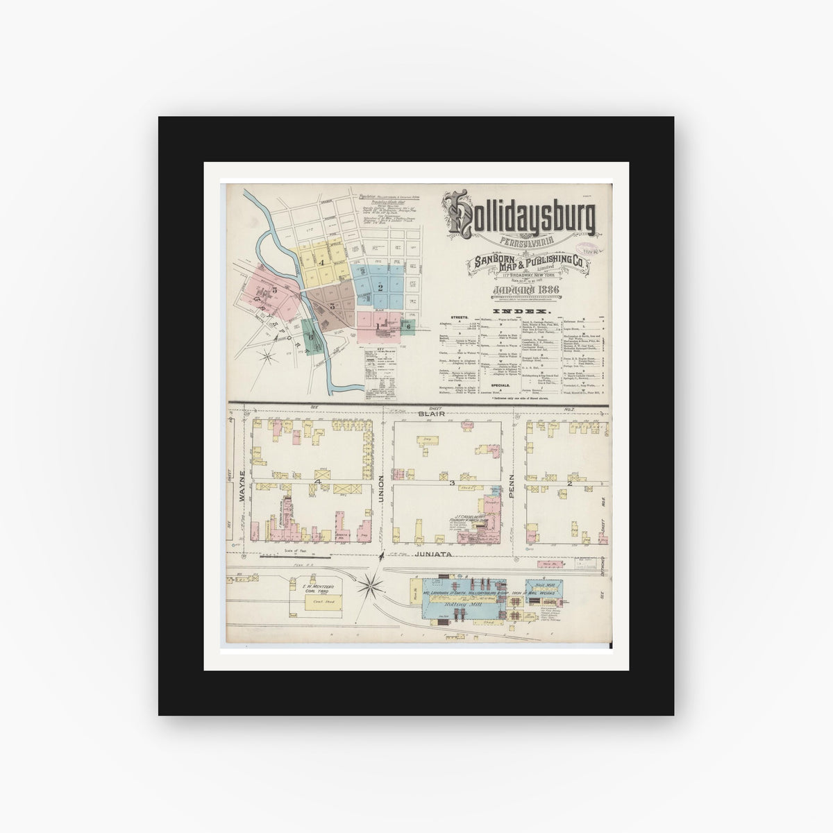 Old map wall art mockup — black gallery frame with white mat — Sanborn Fire Insurance Map from Hollidaysburg, Blair County, Pennsylvania (1886), Sheet #0001