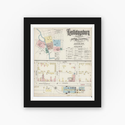 Old map wall art mockup — black gallery frame with white mat — Sanborn Fire Insurance Map from Hollidaysburg, Blair County, Pennsylvania (1886), Sheet #0001