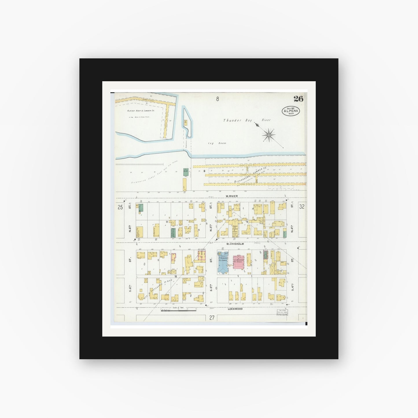 Old map wall art mockup — black gallery frame with white mat — Sanborn Fire Insurance Map from Alpena, Alpena County, Michigan (1901), Sheet #0026
