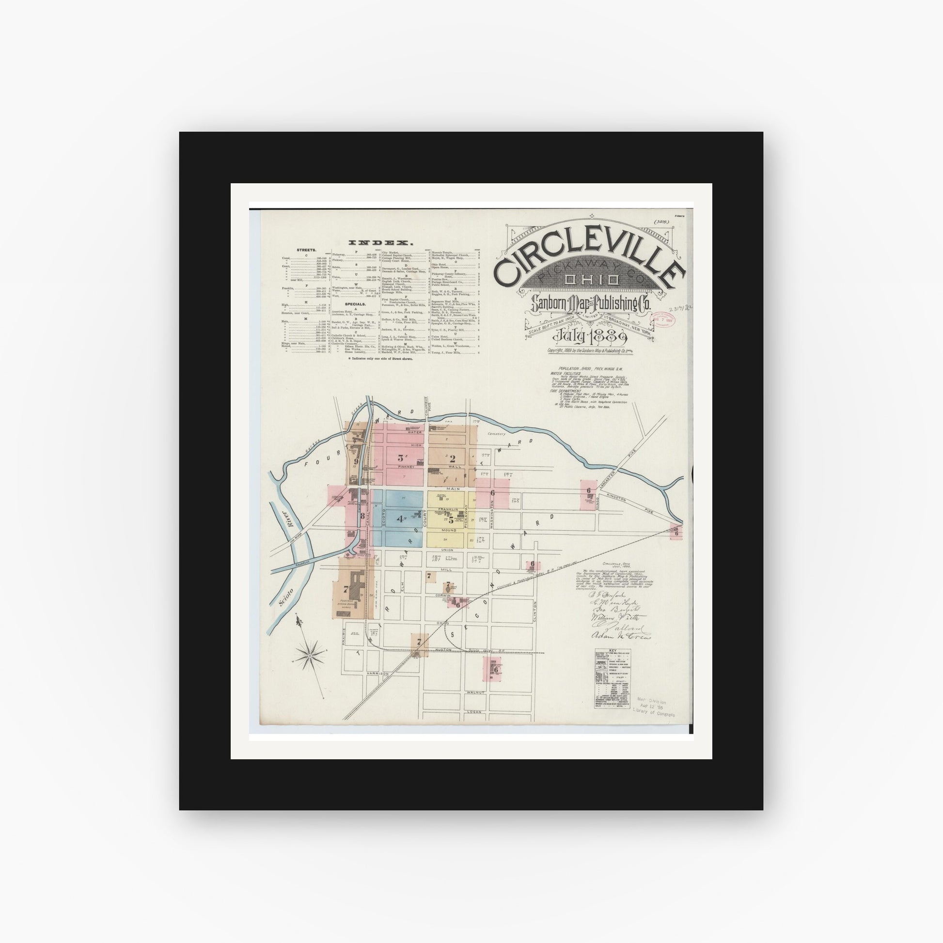 Old map wall art mockup — black gallery frame with white mat — Sanborn Fire Insurance Map from Circleville, Pickaway County, Ohio (1889) - Complete Map Set