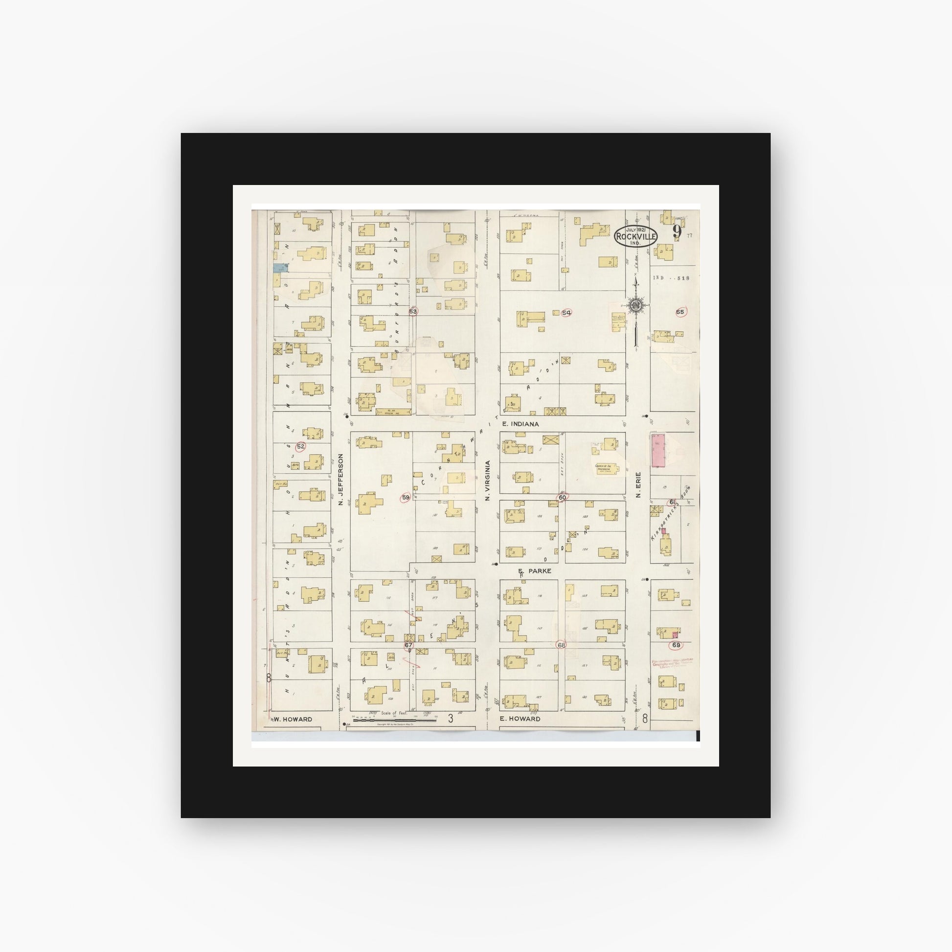 Old map wall art mockup — black gallery frame with white mat — Sanborn Fire Insurance Map from Rockville, Parke County, Indiana (1932), Sheet #0009