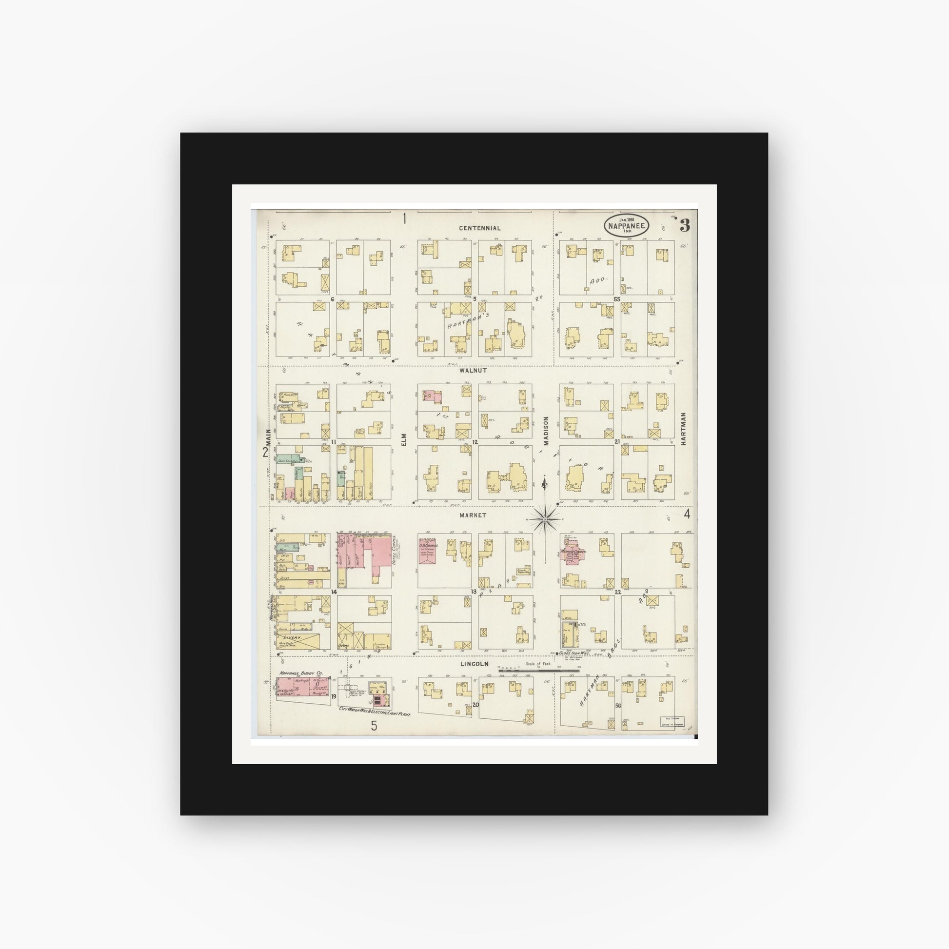 Old map wall art mockup — black gallery frame with white mat — Sanborn Fire Insurance Map from Nappanee, Elkhart County, Indiana (1898), Sheet #0003