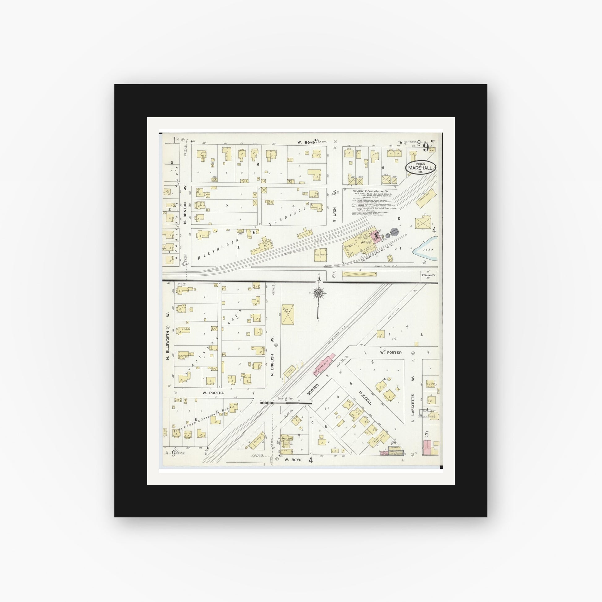 Old map wall art mockup — black gallery frame with white mat — Sanborn Fire Insurance Map from Marshall, Saline County, Missouri (1910), Sheet #0009