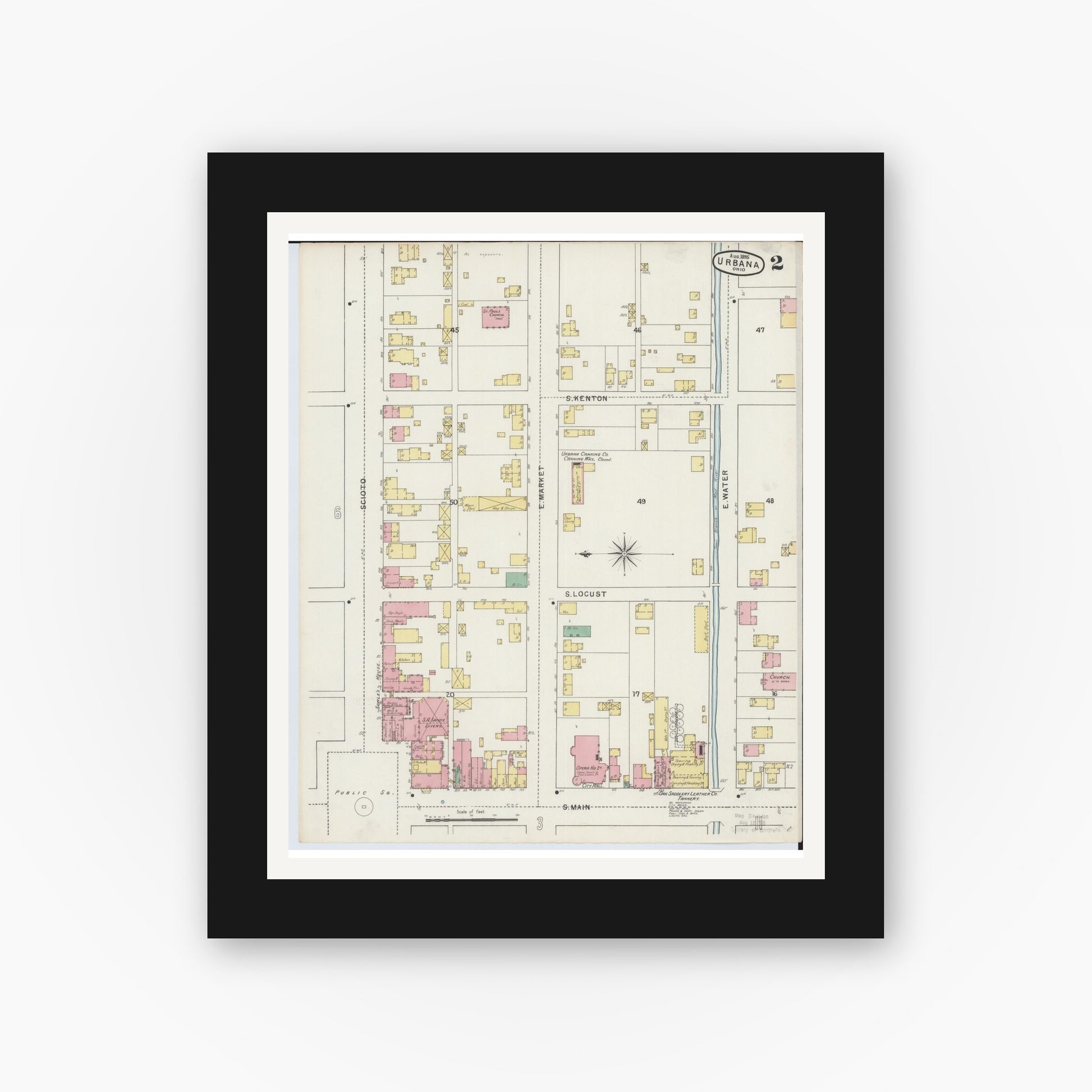 Old map wall art mockup — black gallery frame with white mat — Sanborn Fire Insurance Map from Urbana, Champaign County, Ohio (1895), Sheet #0002
