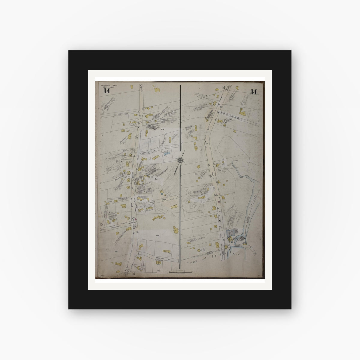 Old map wall art mockup — black gallery frame with white mat — Sanborn Fire Insurance Map from Cohasset, Norfolk County, Massachusetts (1952), Sheet #0014