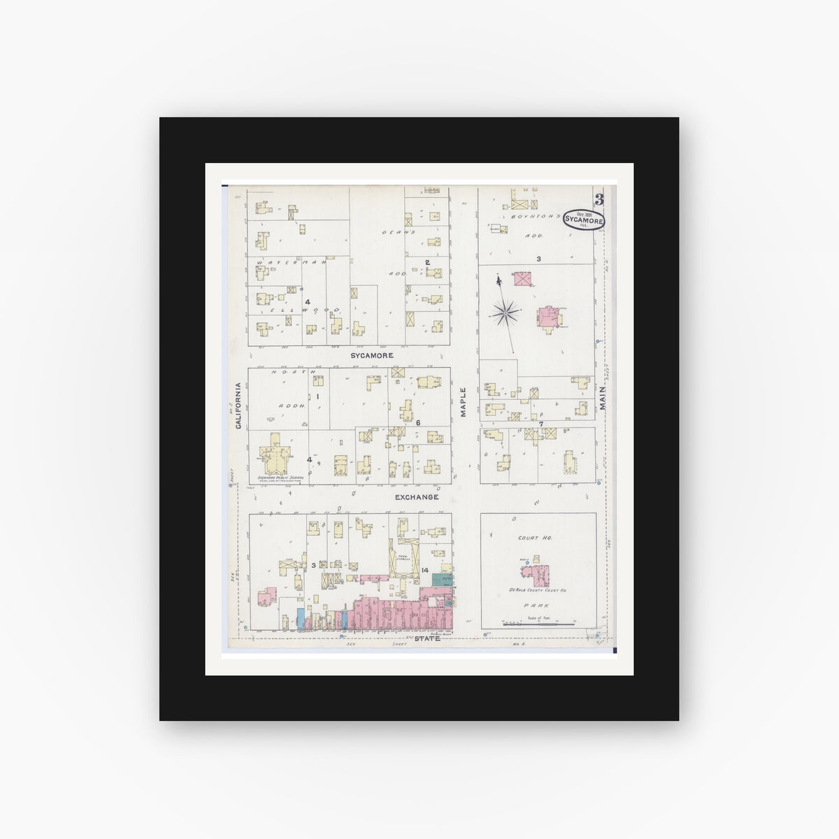 Old map wall art mockup — black gallery frame with white mat — Sanborn Fire Insurance Map from Sycamore, De Kalb County, Illinois (1891), Sheet #0003