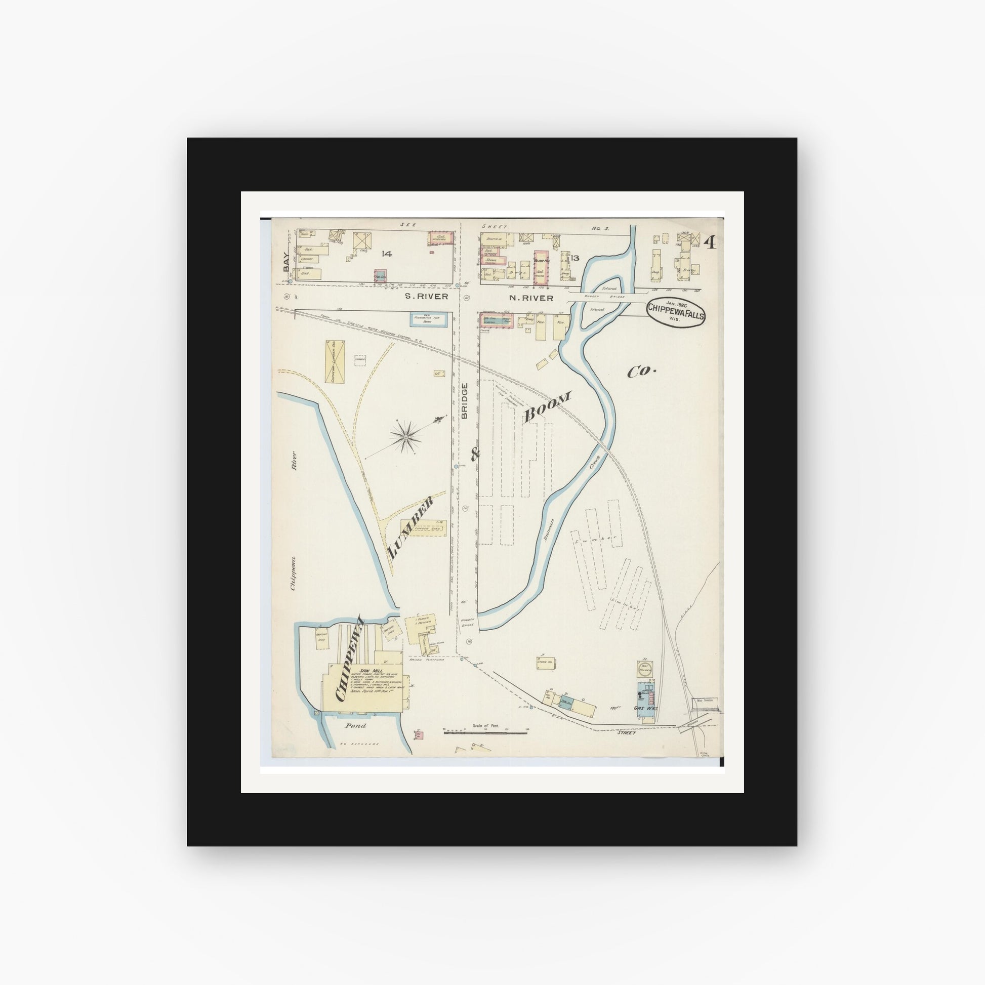 Old map wall art mockup — black gallery frame with white mat — Sanborn Fire Insurance Map from Chippewa Falls, Chippewa County, Wisconsin (1886), Sheet #0004