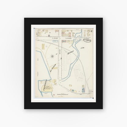 Old map wall art mockup — black gallery frame with white mat — Sanborn Fire Insurance Map from Chippewa Falls, Chippewa County, Wisconsin (1886), Sheet #0004