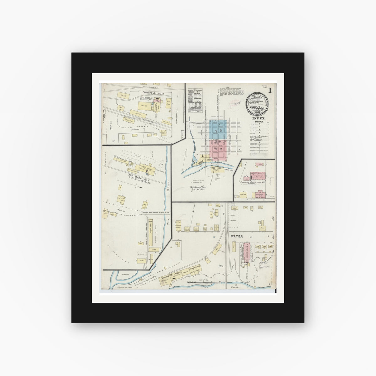 Old map wall art mockup — black gallery frame with white mat — Sanborn Fire Insurance Map from Tarboro, Edgecombe County, North Carolina (1890), Sheet #0001