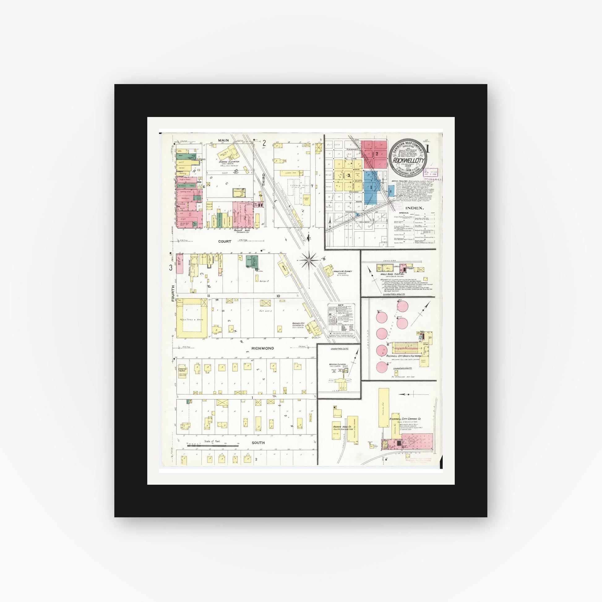 Old map wall art mockup — black gallery frame with white mat — Sanborn Fire Insurance Map from Rockwell City, Calhoun County, Iowa (1909), Sheet #0001